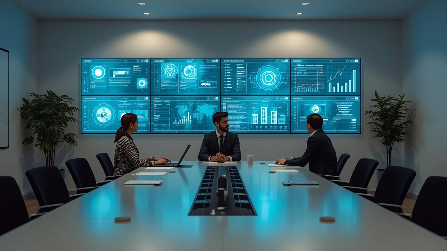 Sala de control empresarial minimalista con ejecutivos revisando paneles holográficos de agentes inteligentes que automatizan procesos en tiempo real, dashboards que muestran velocidad y resultados concretos y un módulo visible de gobernanza y permis