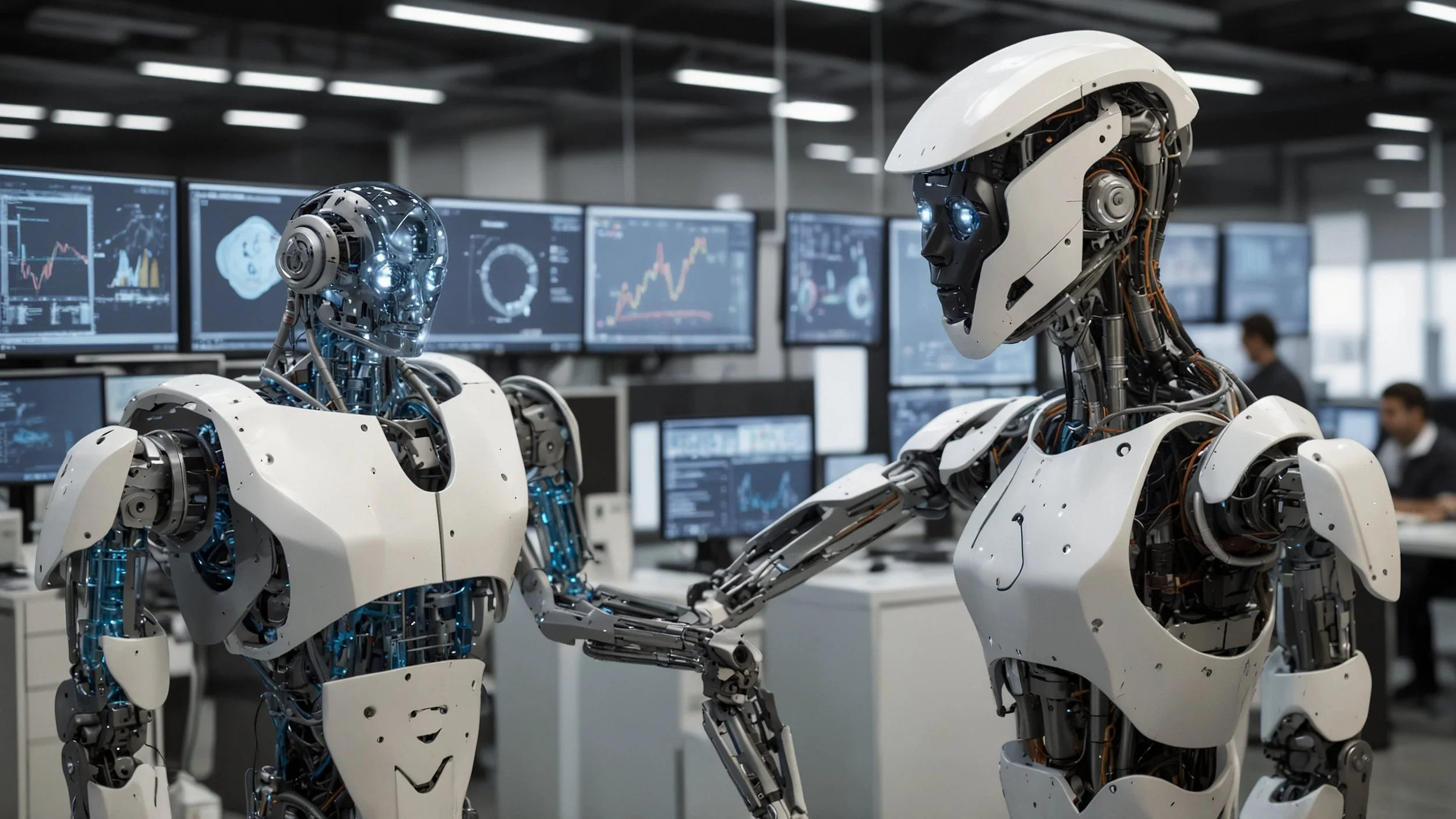 Oficina moderna con pantallas mostrando gráficos y datos, robots de software interactuando con empleados, representando sistemas de automatización inteligente gestionando procesos empresariales en paralelo, con iconos de CRM y ERP integrados, ambient