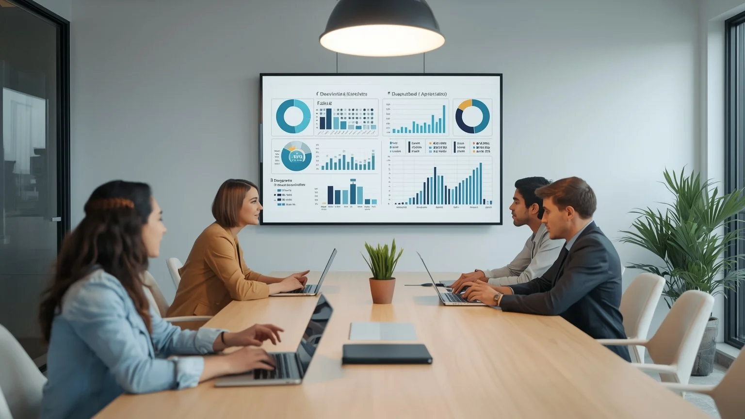 Un equipo en una sala de reuniones moderna analiza un diagnostico de habilidades digitales con graficas de brechas, encuestas de miedos y expectativas, un tablero de prioridades de procesos criticos y objetivos de aprendizaje vinculados a indicadores