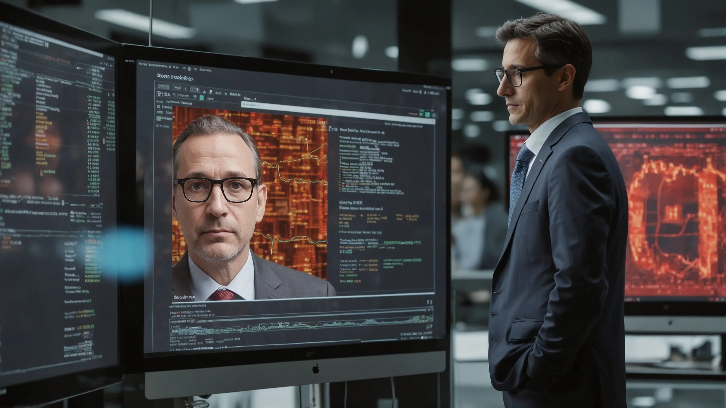 An image of a financial analyst looking at a computer screen with charts of declining stock values and a video of a CEO in a small window in the corner, reflecting concern over the possibility of a deepfake affecting the