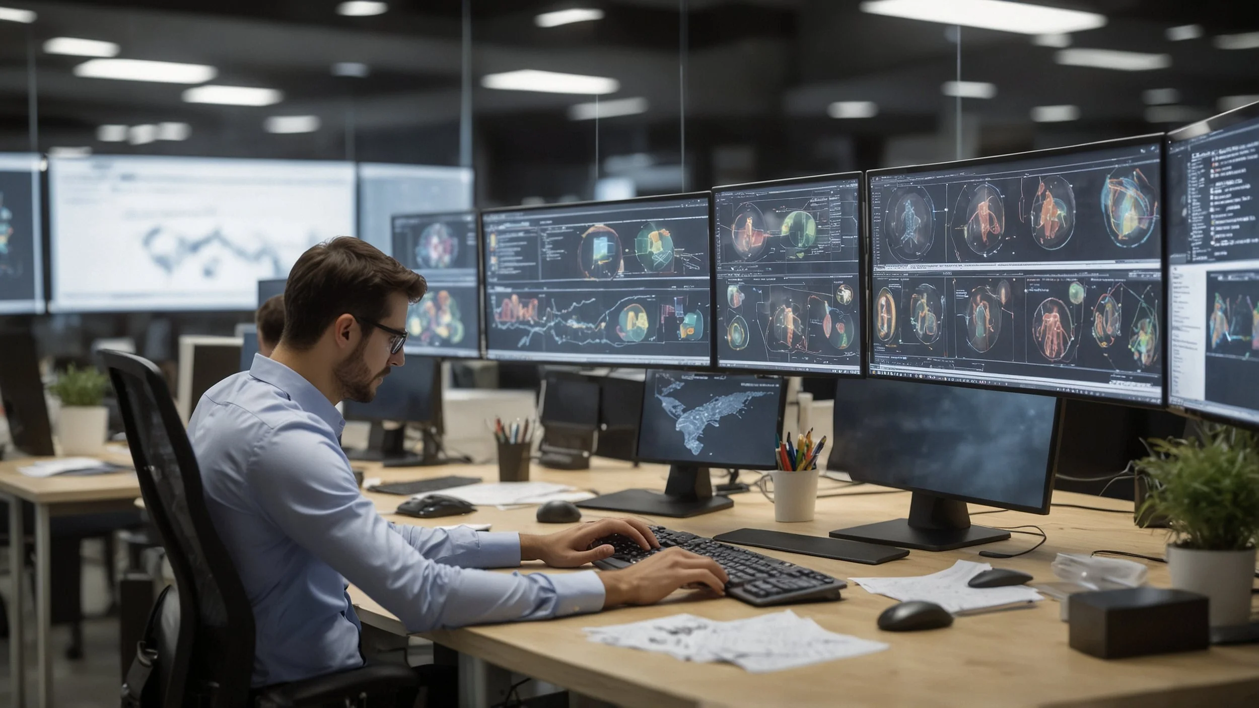 Una oficina moderna con empleados trabajando en sus computadoras.