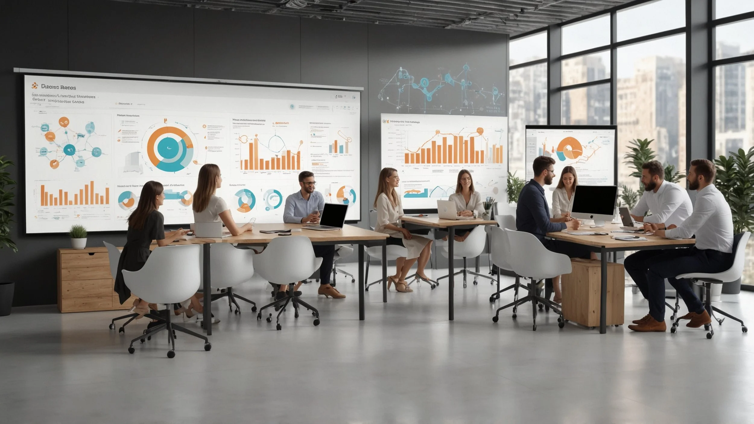 marketing team using a low-code no-code platform in a modern office screen displaying automated flowcharts collaborative environment happy people working in a technologically advanced environment.