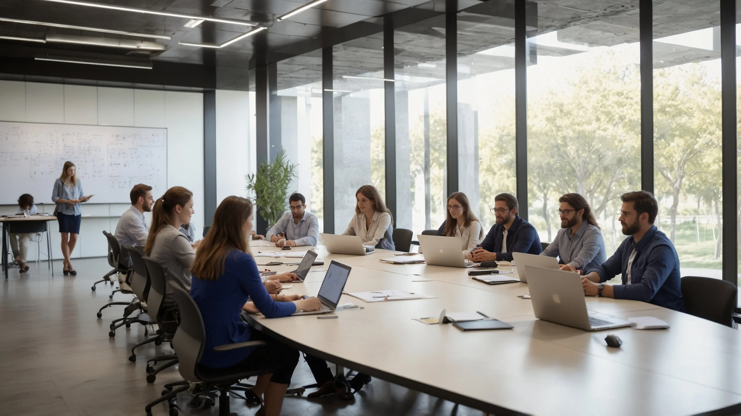 Un equipo de desarrolladores de IA está en una sala de conferencias, discutiendo con empleados de una empresa que usan sus herramientas.