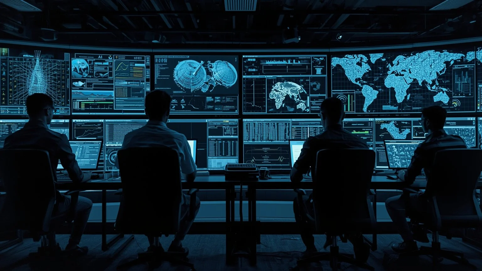 Centro de operaciones futurista donde ingenieros supervisan tareas delicadas frente a muros de pantallas con modelos de IA, auditorías en tiempo real y mapas de datos distribuidos entre múltiples nubes, mientras se aplican controles de seguridad avan