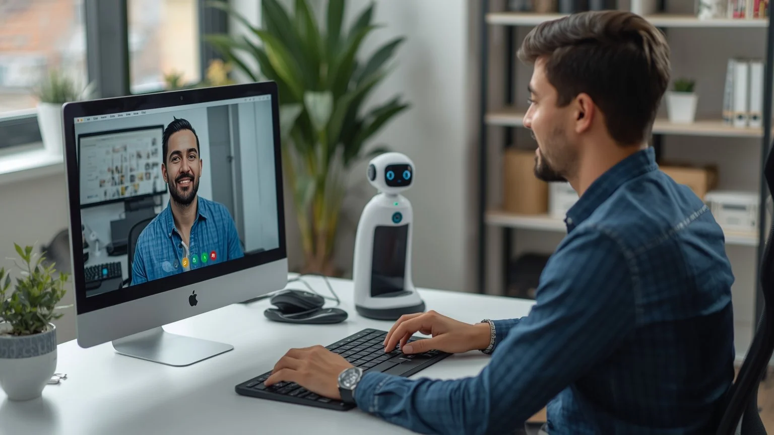 Un empleado frente a su ordenador con una interfaz de asistente robotico que resalta campos y ofrece sugerencias mientras atiende a un cliente por videollamada.