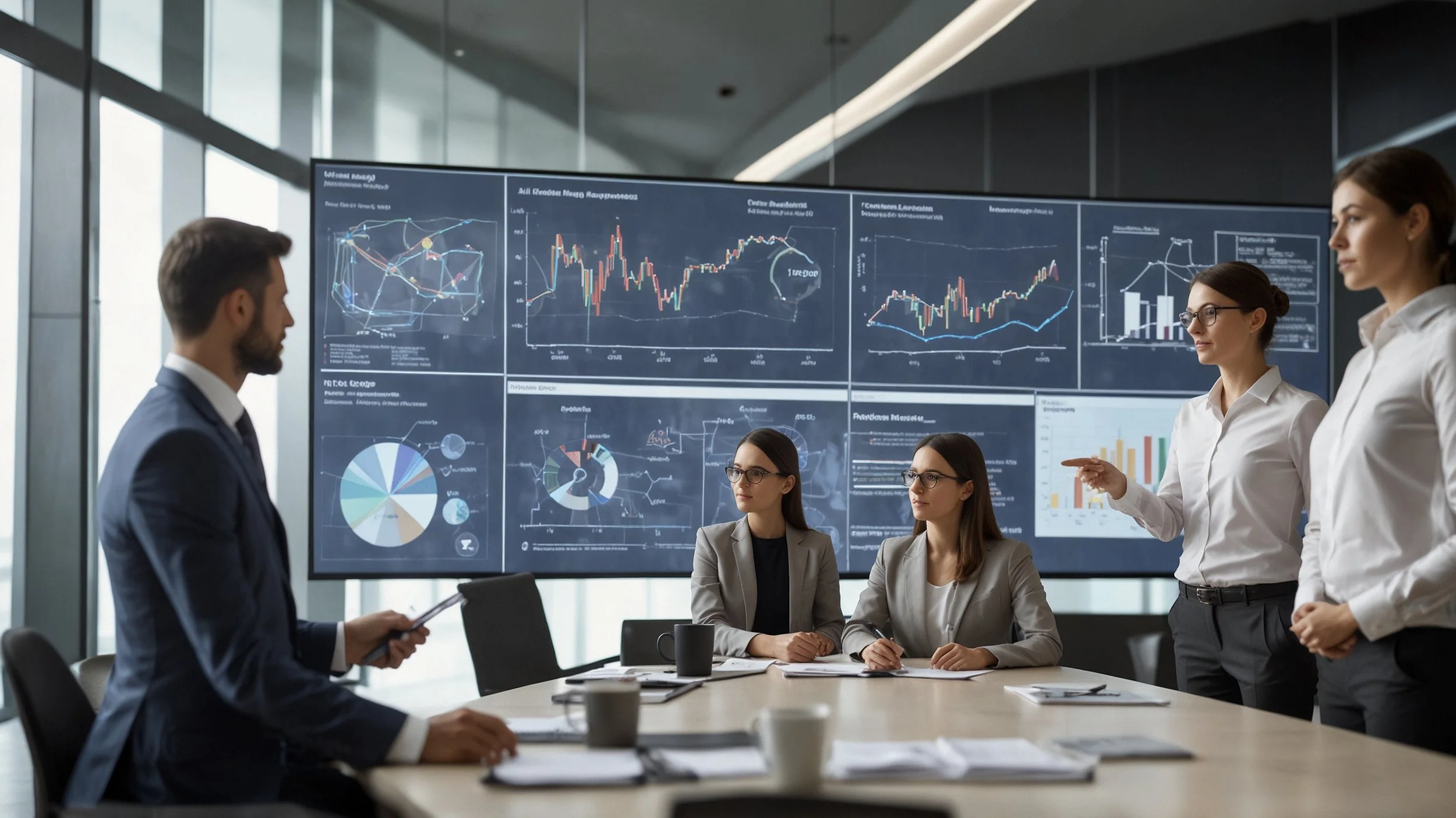 Una imagen que muestre a un equipo de profesionales en una sala de conferencias, con gráficos y diagramas en una pantalla grande que representan datos de minería de procesos.