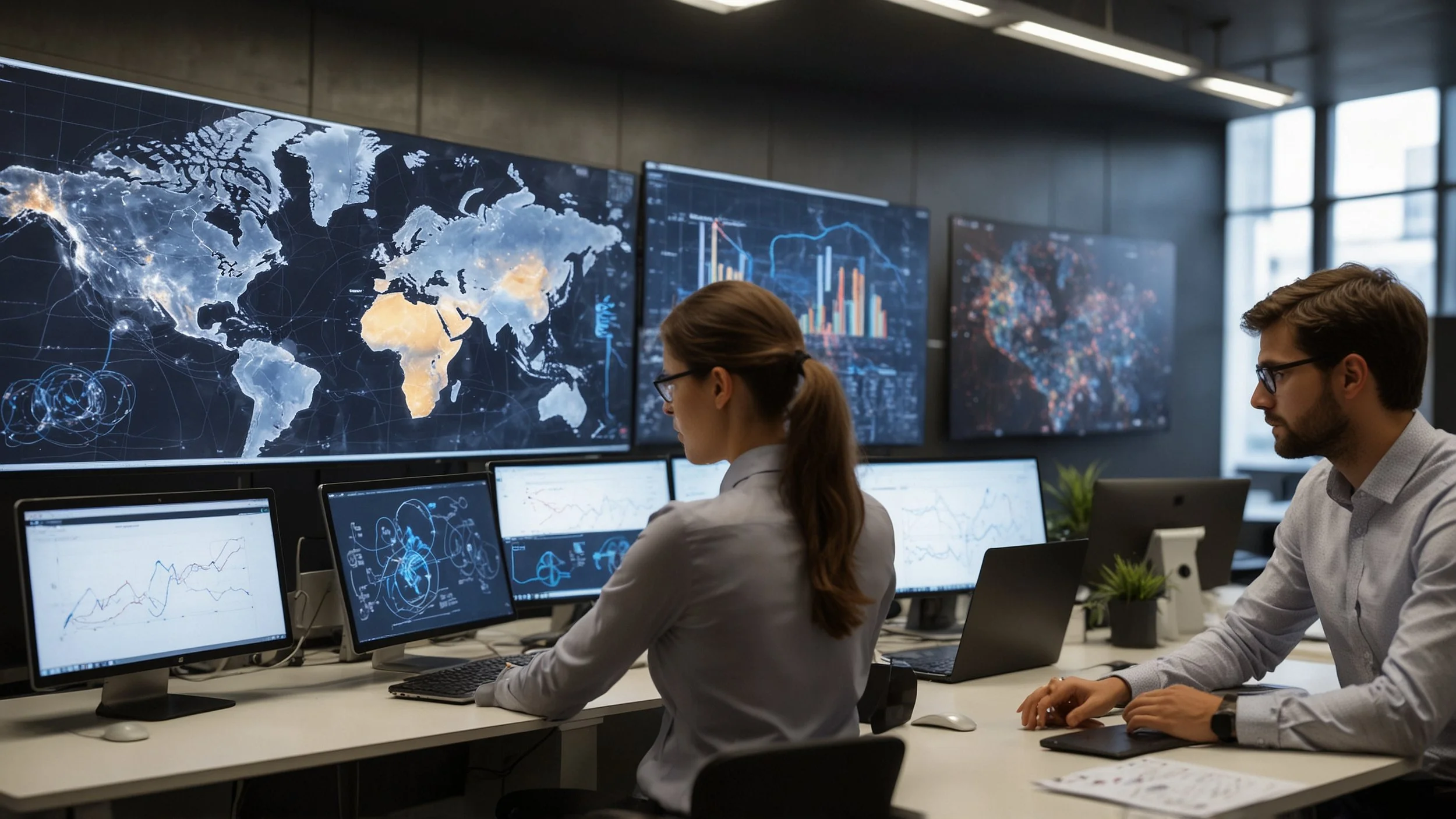 Una oficina moderna con un equipo diverso de profesionales trabajando en computadoras portátiles y pantallas grandes que muestran gráficos de datos y algoritmos de inteligencia artificial.