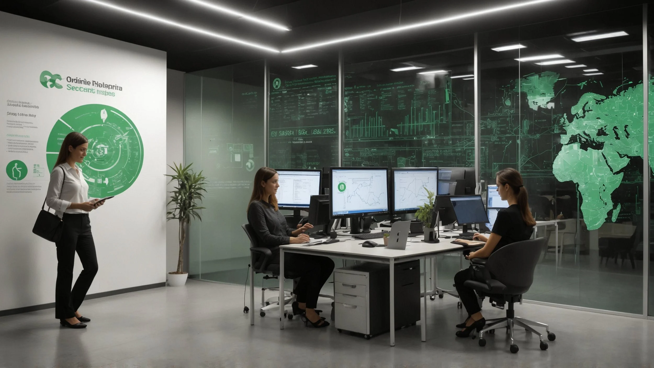 Una oficina moderna en el sector financiero con expertos en ciberseguridad trabajando en computadoras, mostrando gráficos de autenticación fuerte y encriptación de datos en las pantallas, con elementos visuales que representan supervisión centralizad