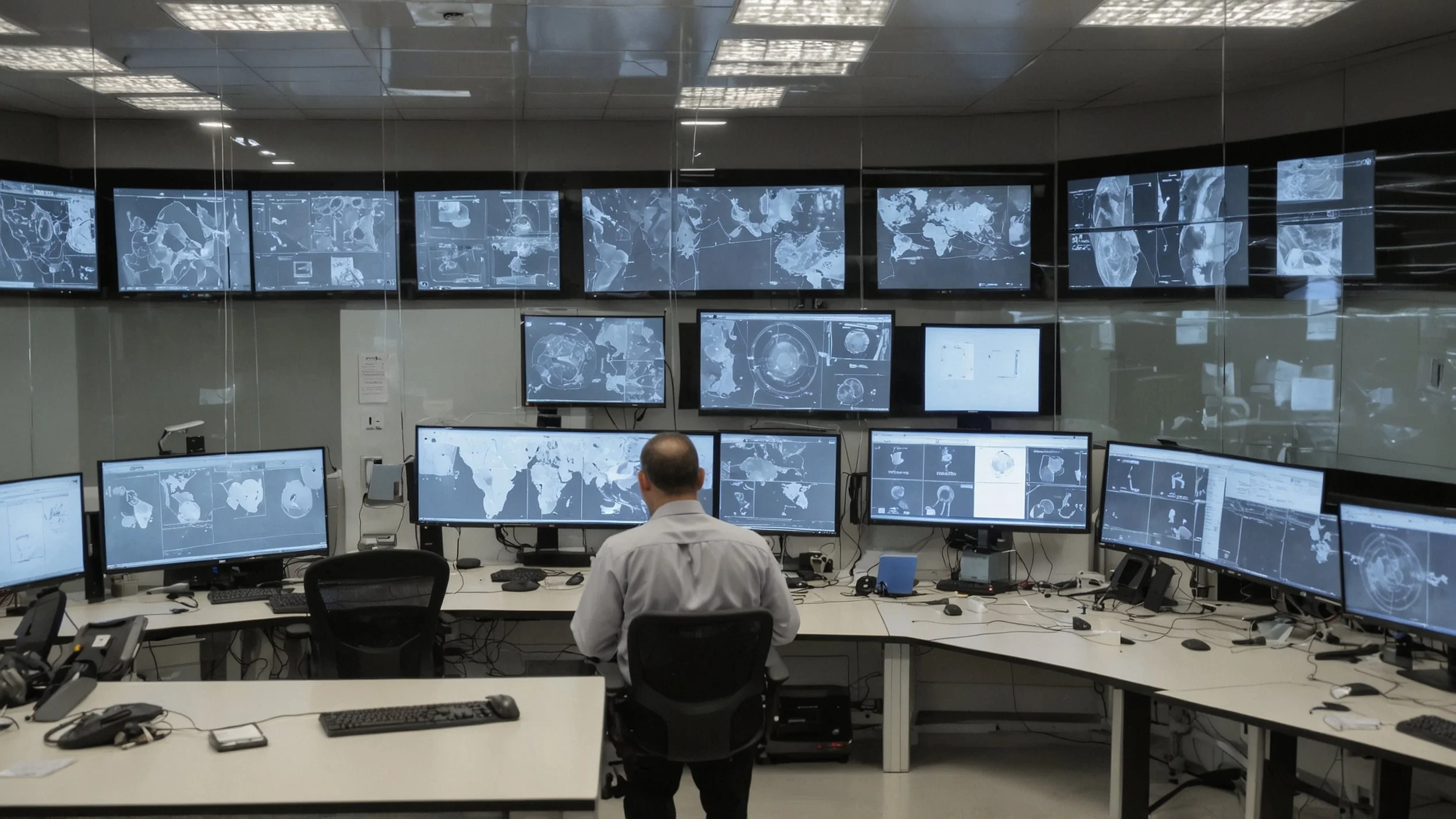 A modern control room with screens displaying data and security cameras, operators supervising without stress while an automated system identifies and responds to incidents in real time, reflecting efficiency and advanced technology in action.