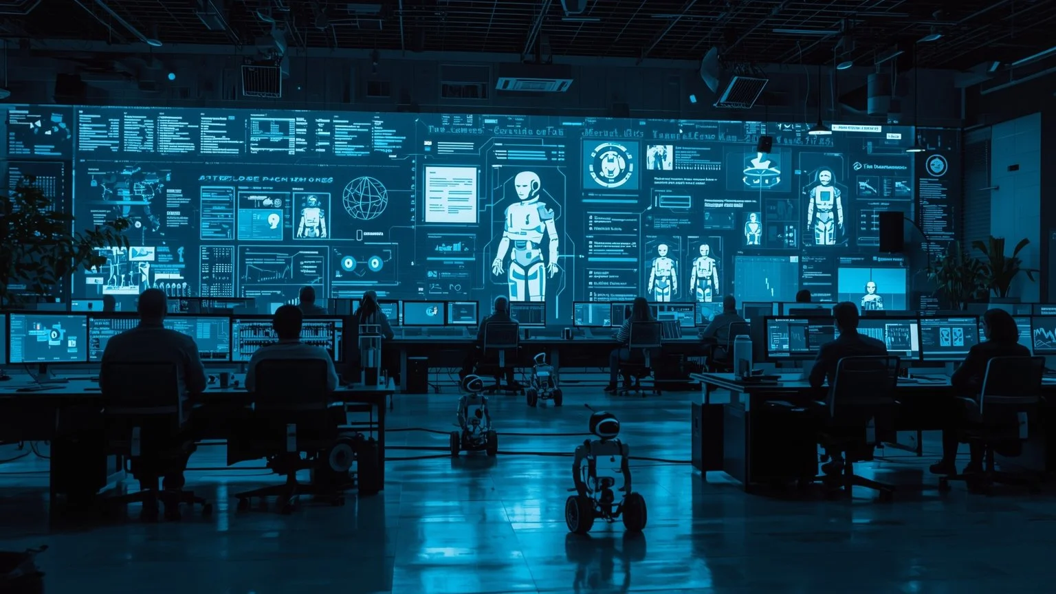A company's operations room with dozens of digital bots projected on screens and small robots colliding with each other while broken conveyor belts represent failed workflows, stressed employees review piles of information.