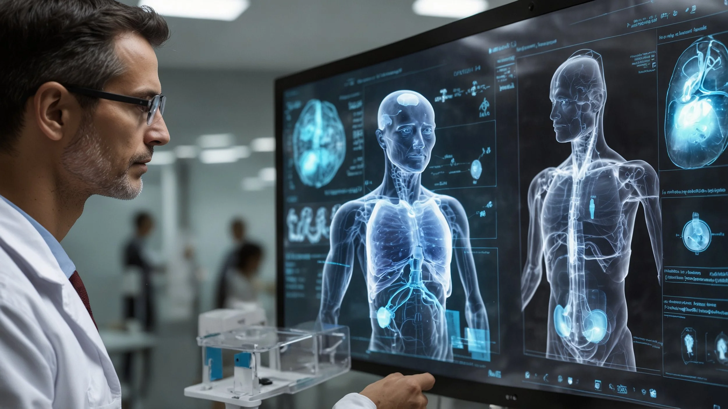 Un entorno futurista de asistencia sanitaria donde una IA agente está interactuando con médicos y pacientes.