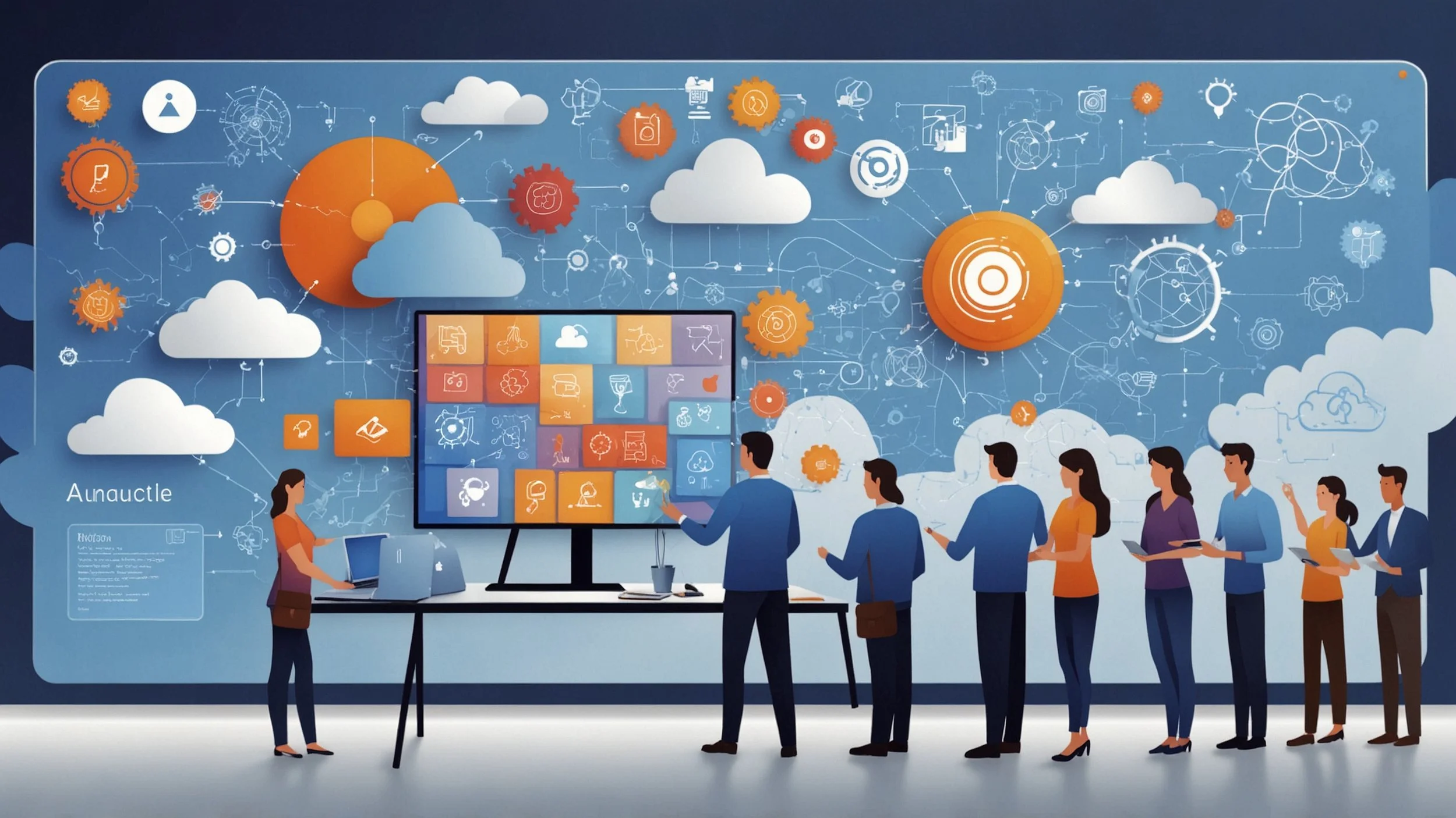 un equipo de ingenieros de software interactuando con una pantalla grande que muestra un flujo de automatización de integración continua y gestión de lanzamientos, con iconos de nubes que representan AWS, GCP y Azure, y también elementos visuales que