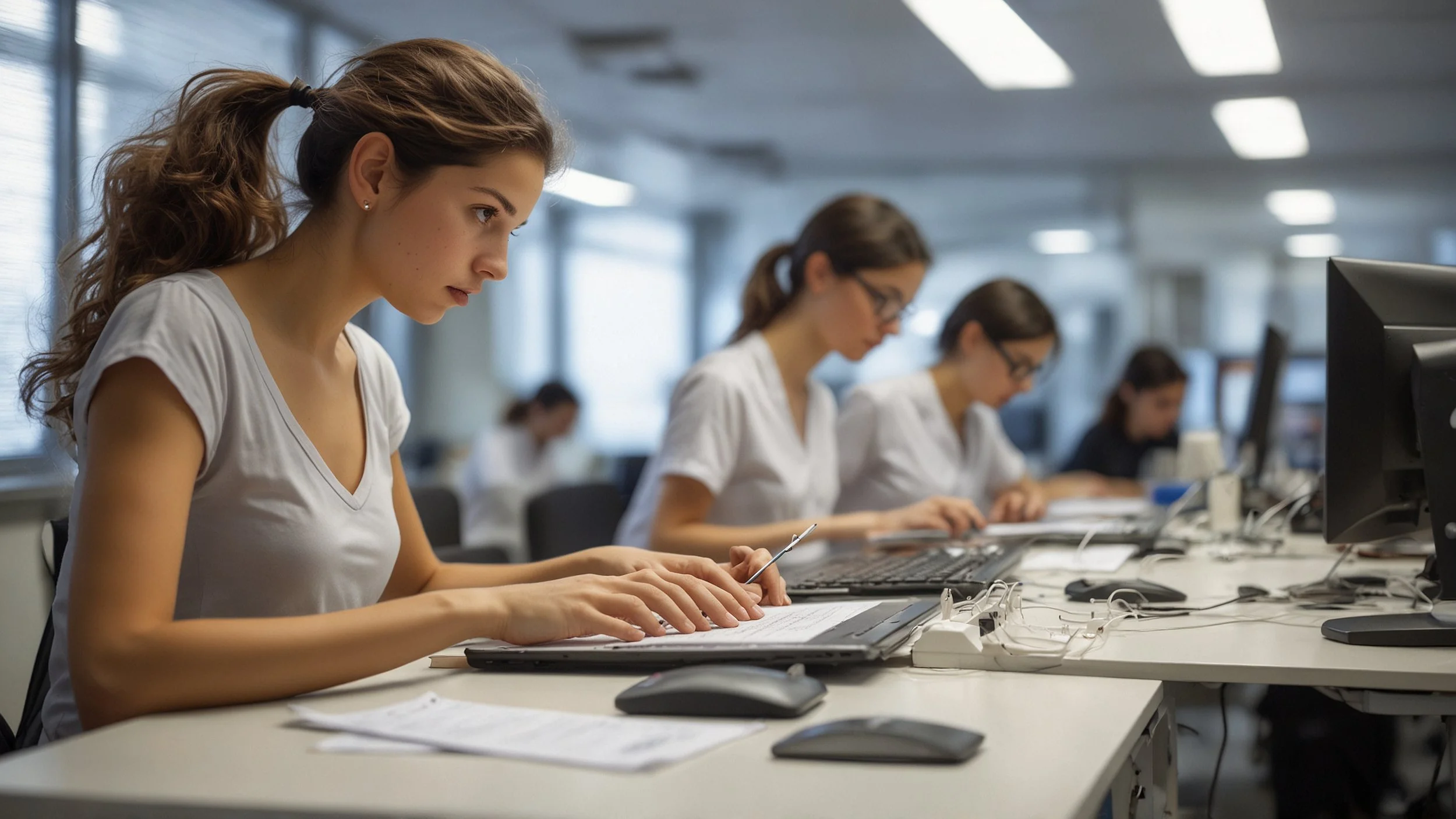 Un grupo de científicos trabaja en un laboratorio moderno lleno de computadoras y pantallas.