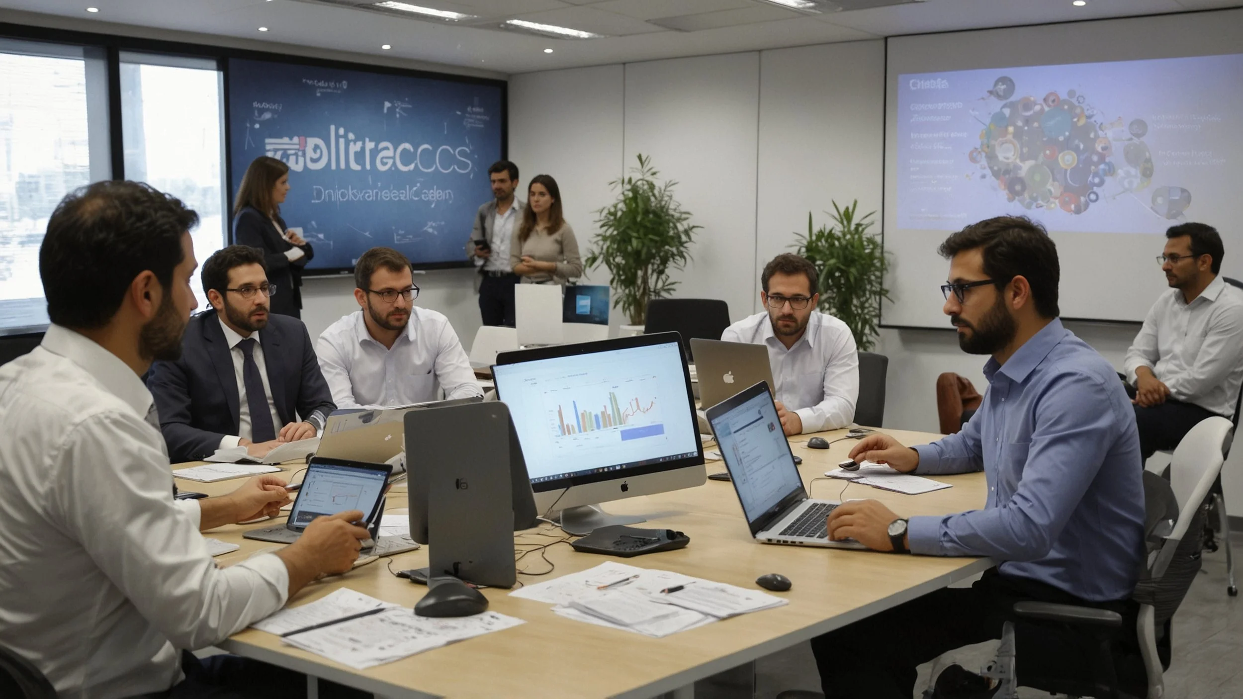 Una oficina ocupada con empleados frustrados lidiando con pilas de documentos y equipos obsoletos.