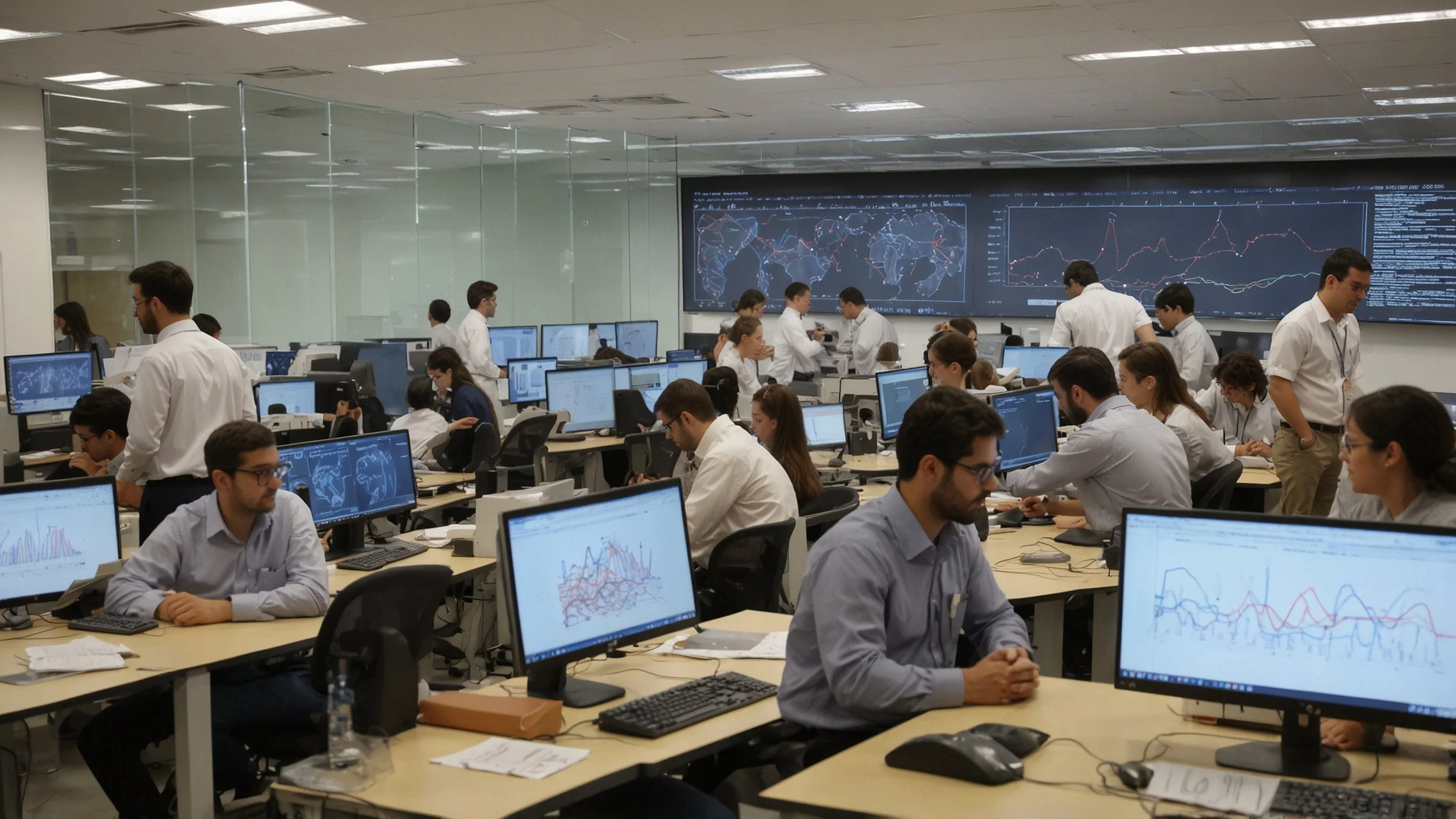 Una imagen que muestre a un equipo diverso de personas trabajando en una sala moderna y tecnológica.