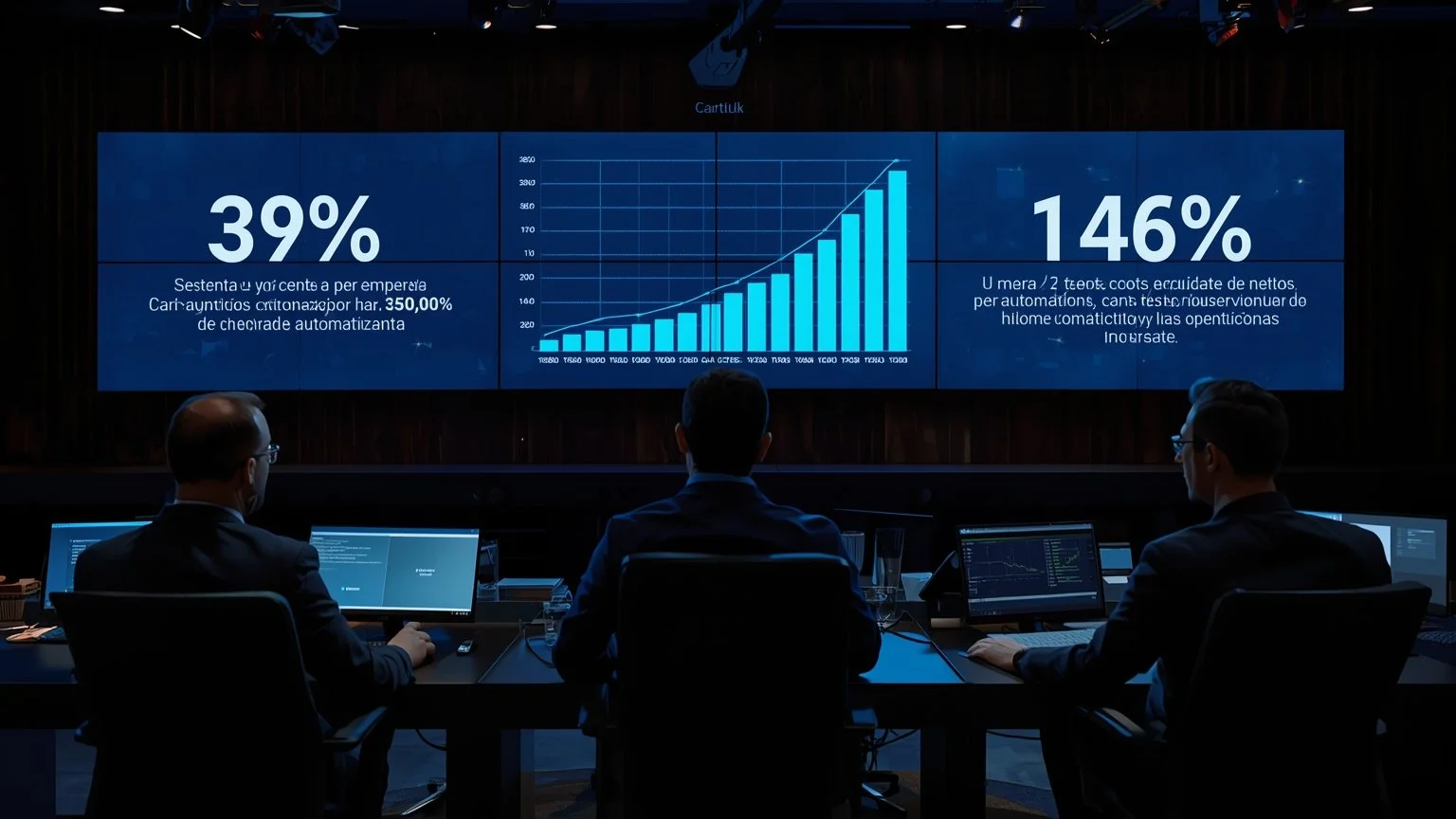 A modern corporate control room with executives watching holographic screens displaying an upward graph indicating that seventy-three percent of companies have increased investment in automation and a sign pointing out that