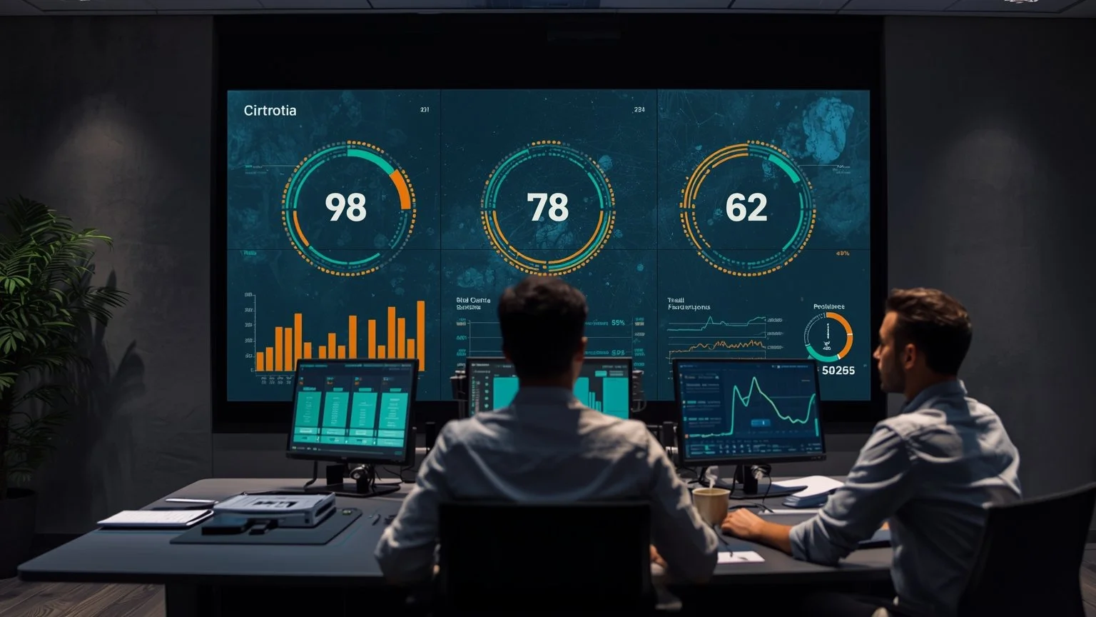 Un equipo diverso en una sala de control moderna celebra frente a una gran pantalla que muestra gráficos y tarjetas con los porcentajes 98 78 y 62 indicando reducción del tiempo de desarrollo hasta la mitad y menores costes mientras un gestor revisa