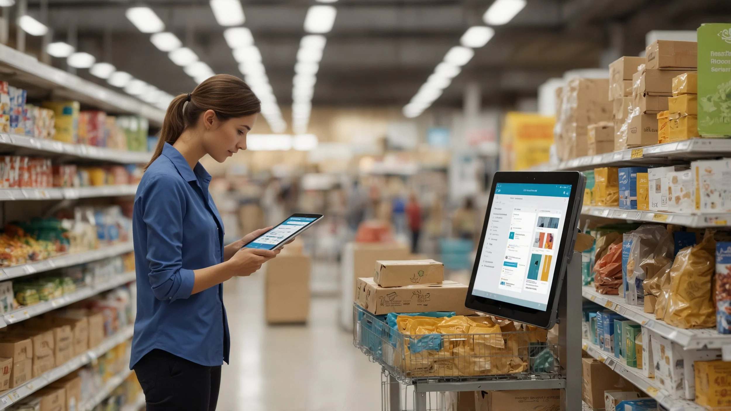 A modern supermarket with organized shelves and electronic labels, where an Artificial Intelligence system analyzes customer shopping data in real time to personalize promotions on interactive screens.