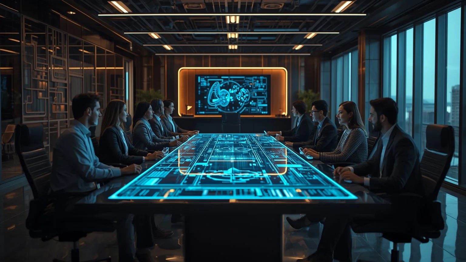 Oficina corporativa futurista con un tablero holográfico central que orquesta procesos entre personas y robots colaborativos, mostrando flujos de datos y modelos de IA generativa que integran sistemas fragmentados y eliminan cuellos de botella en bac