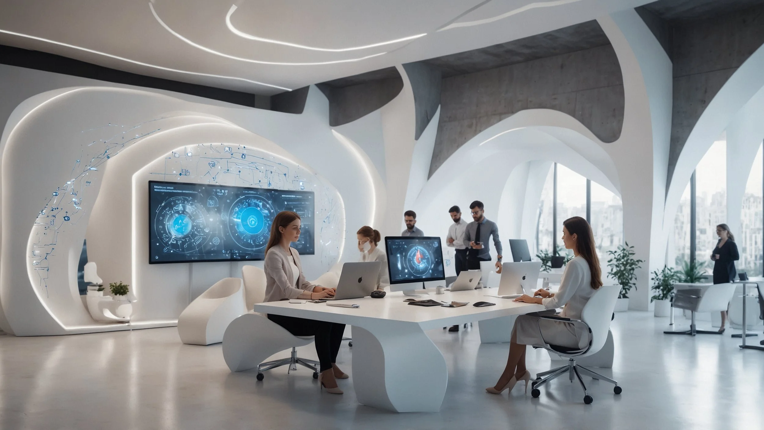 Un equipo de especialistas en marketing observando una gran pantalla que muestra un avanzado sistema de inteligencia artificial realizando tareas de marketing automatizadas, como la generación de contenido y la personalización en tiempo real, en un e