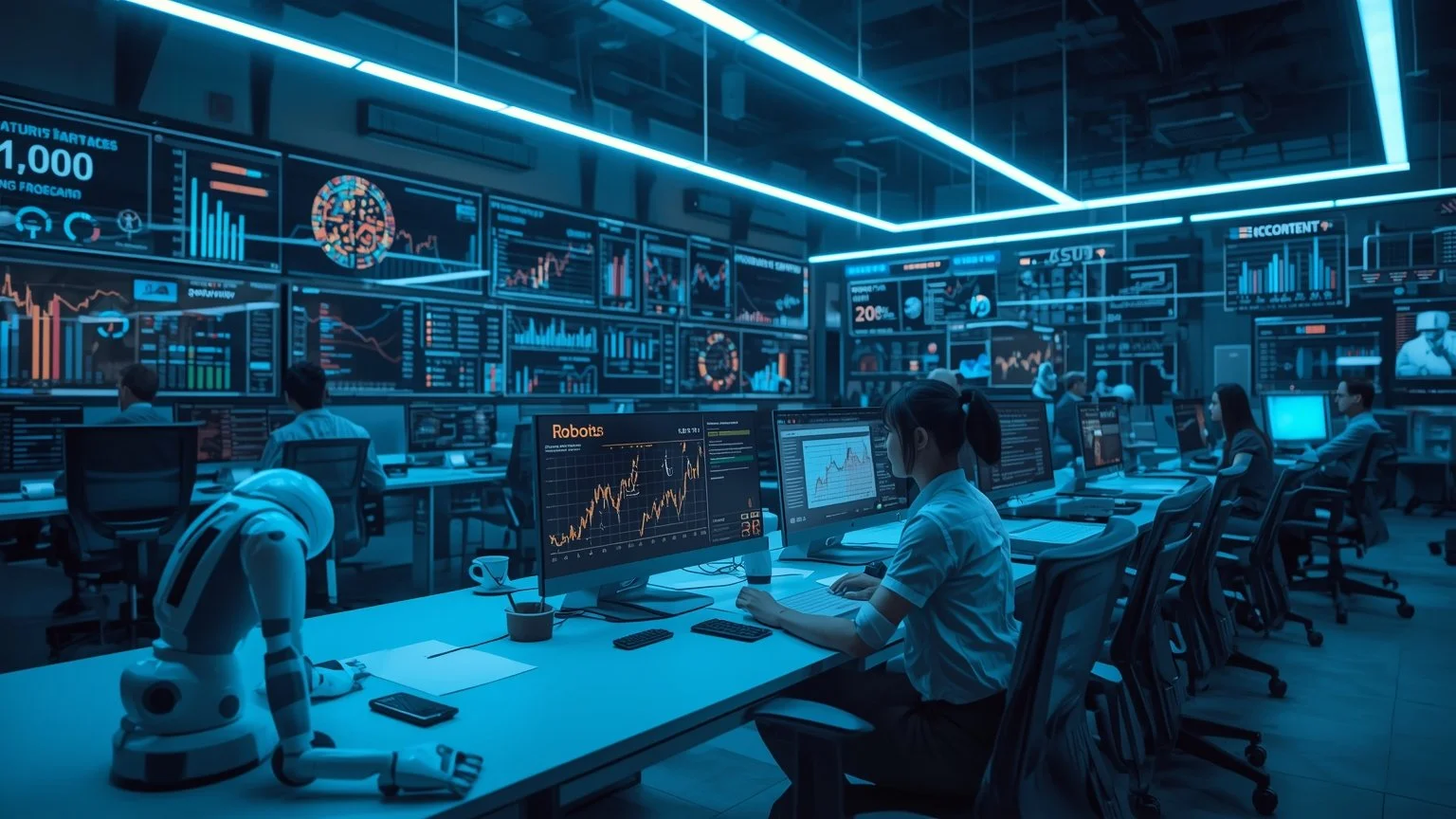 Oficina futurista con pantallas mostrando graficos de retorno de inversion y robots colaborando con unos pocos empleados mientras dashboards indican mejoras en satisfaccion, calidad y productividad entre 30 y 200 por ciento.