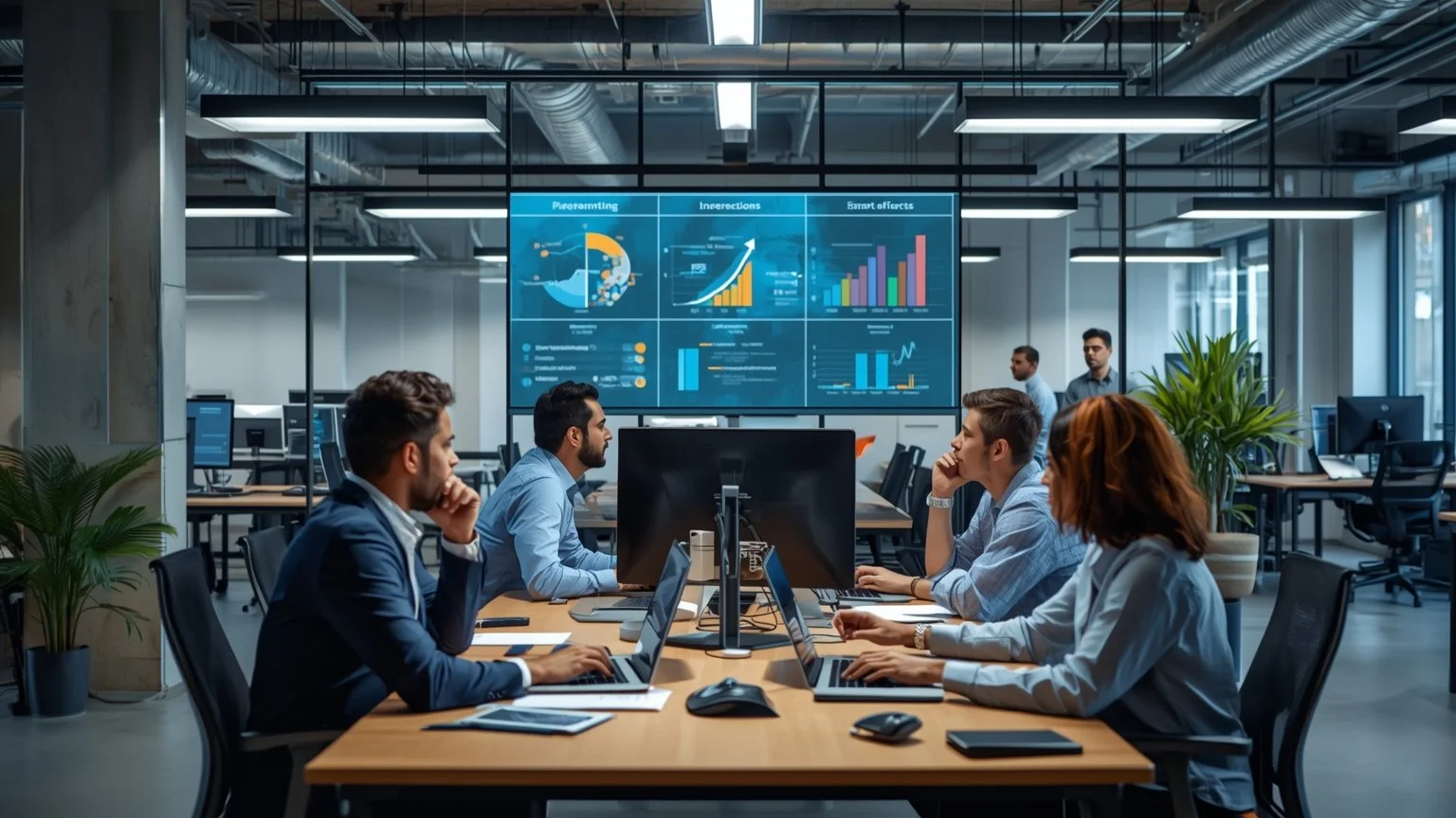 Oficina moderna con un equipo de negocio e IT junto a pantallas que muestran métricas de valor como tiempo ahorrado y reducción de errores, pilotos de automatización en marcha, gráficos de monitorización continua y una sesión de formación y diálogo p