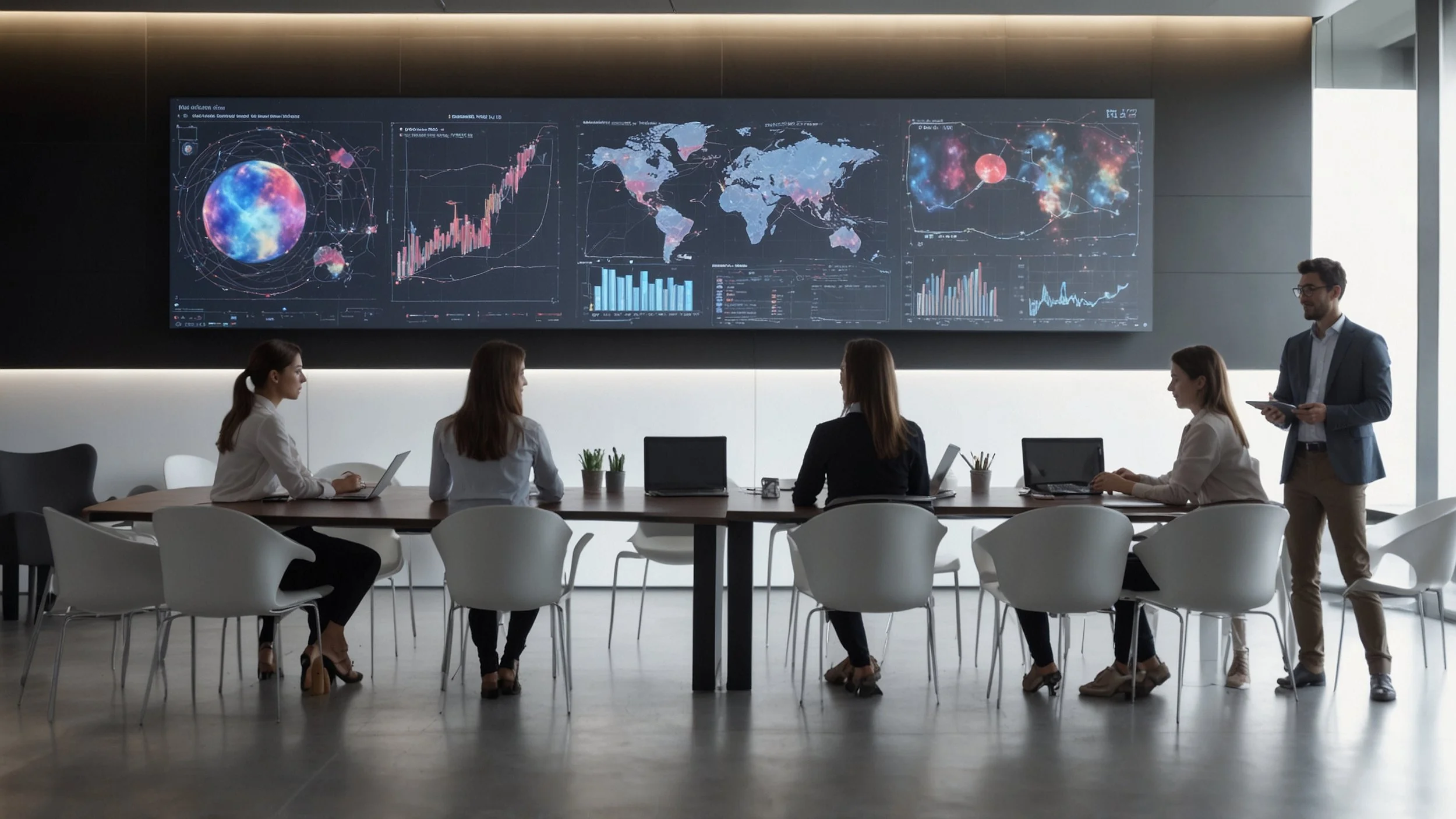Un grupo de profesionales de una empresa tecnológica reunidos alrededor de una mesa de conferencias, observando una gran pantalla.