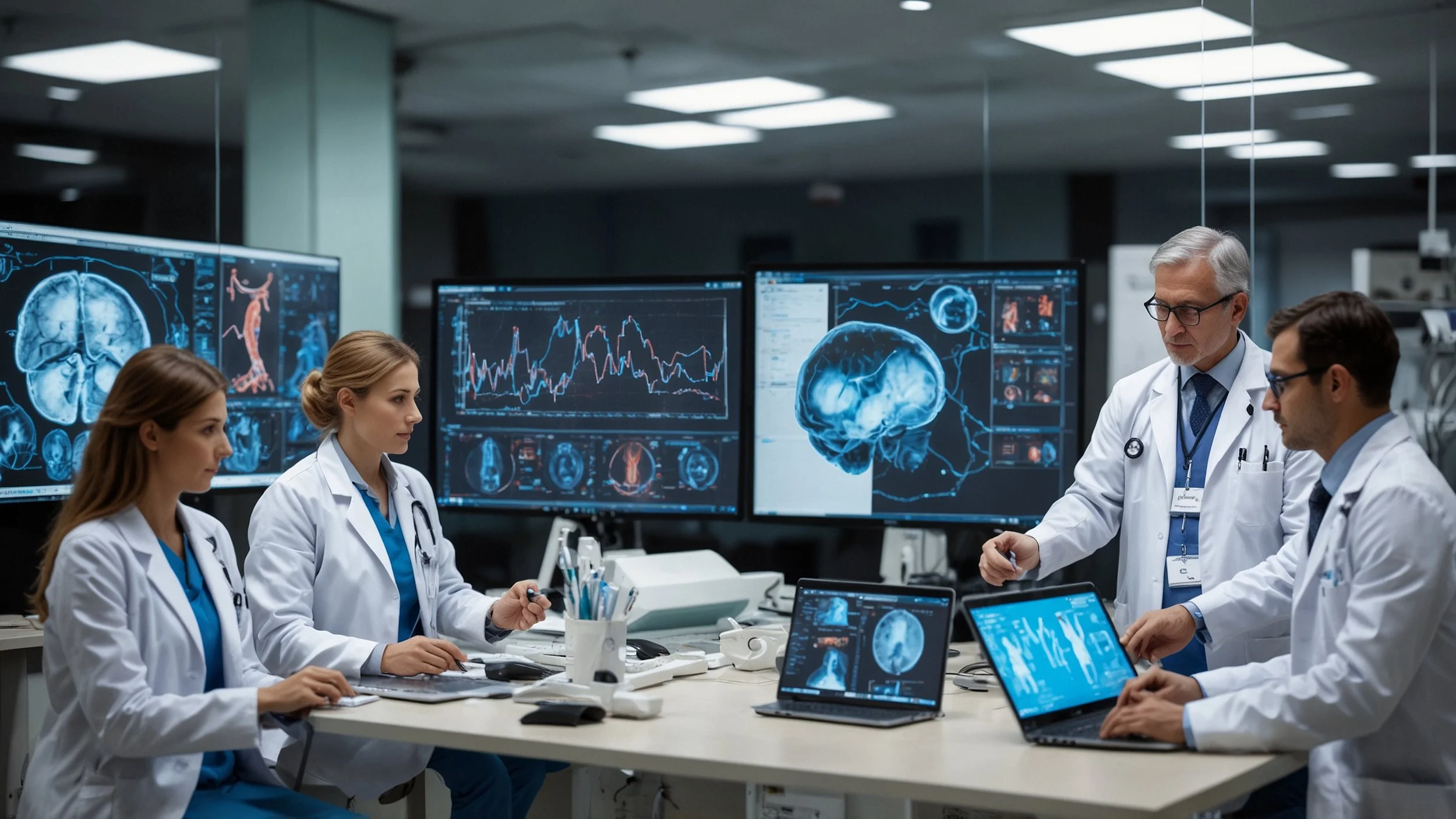 Médicos y enfermeros trabajando en una sala de control moderna llena de pantallas, en las que se ven visualizaciones de datos médicos.