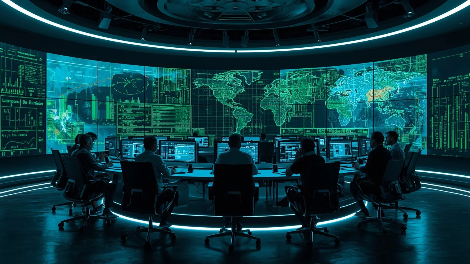 Sala de control futurista con analistas alrededor de una mesa y grandes pantallas holográficas que muestran mapas de procesos, simulaciones en tiempo real y robots de software ejecutando tareas, con procedimientos priorizados resaltados en verde para