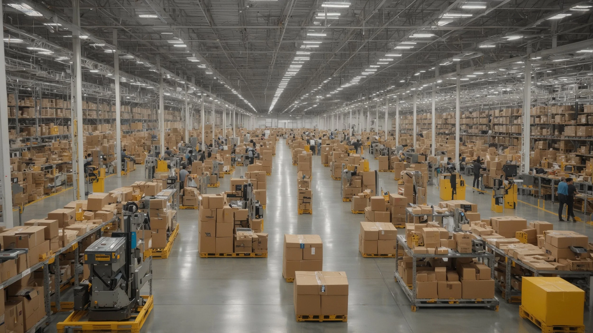 A large Amazon warehouse filled with rows of shelves stocked with packages, robots moving efficiently alongside human workers, robots picking and packing items, conveyor belts transporting boxes, bright industrial lighting, a busy and organized envir