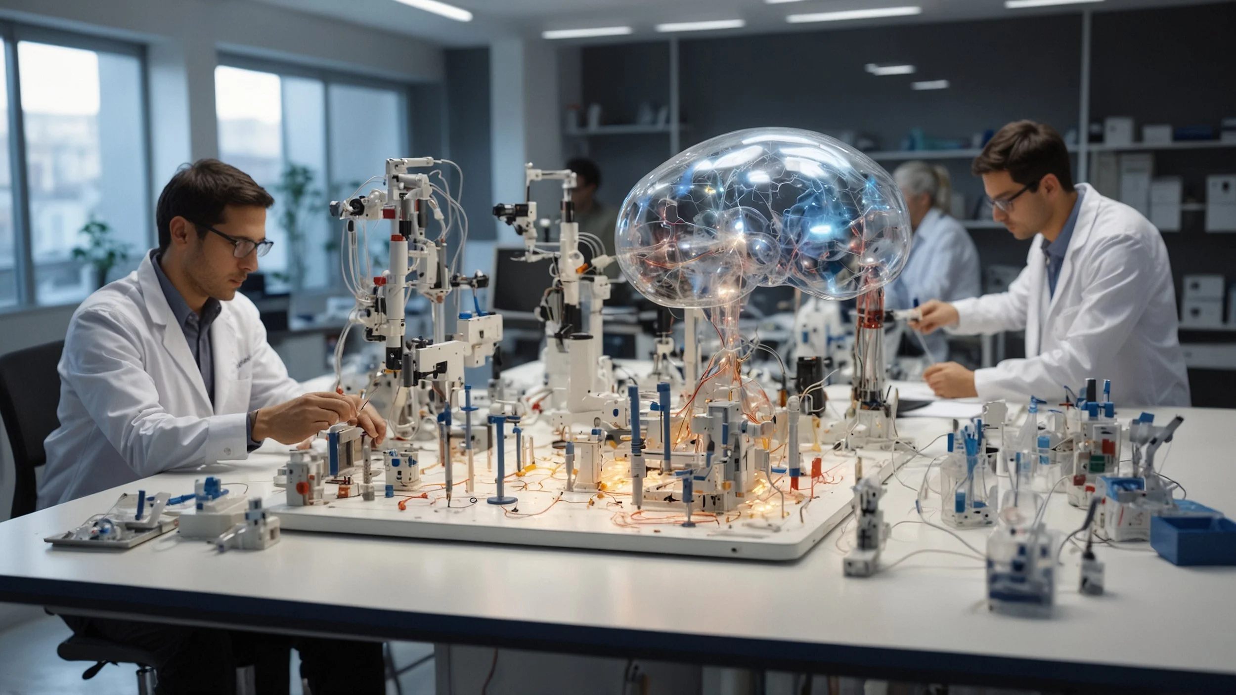 Una ilustración que muestre un grupo de científicos e ingenieros en un laboratorio, trabajando juntos en el desarrollo de un modelo de inteligencia artificial explicable.