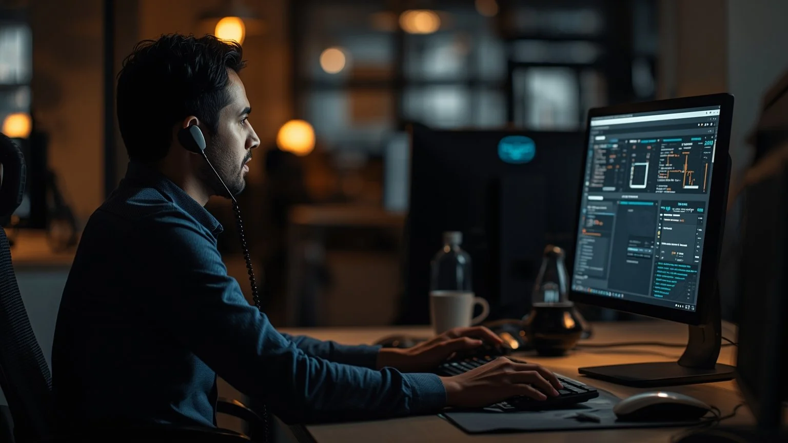 Un empleado frente a su ordenador en una oficina iluminada valida datos y atiende a un cliente por teléfono mientras en la pantalla un asistente robótico de software automatiza tareas repetitivas, destaca excepciones y espera su confirmación.
