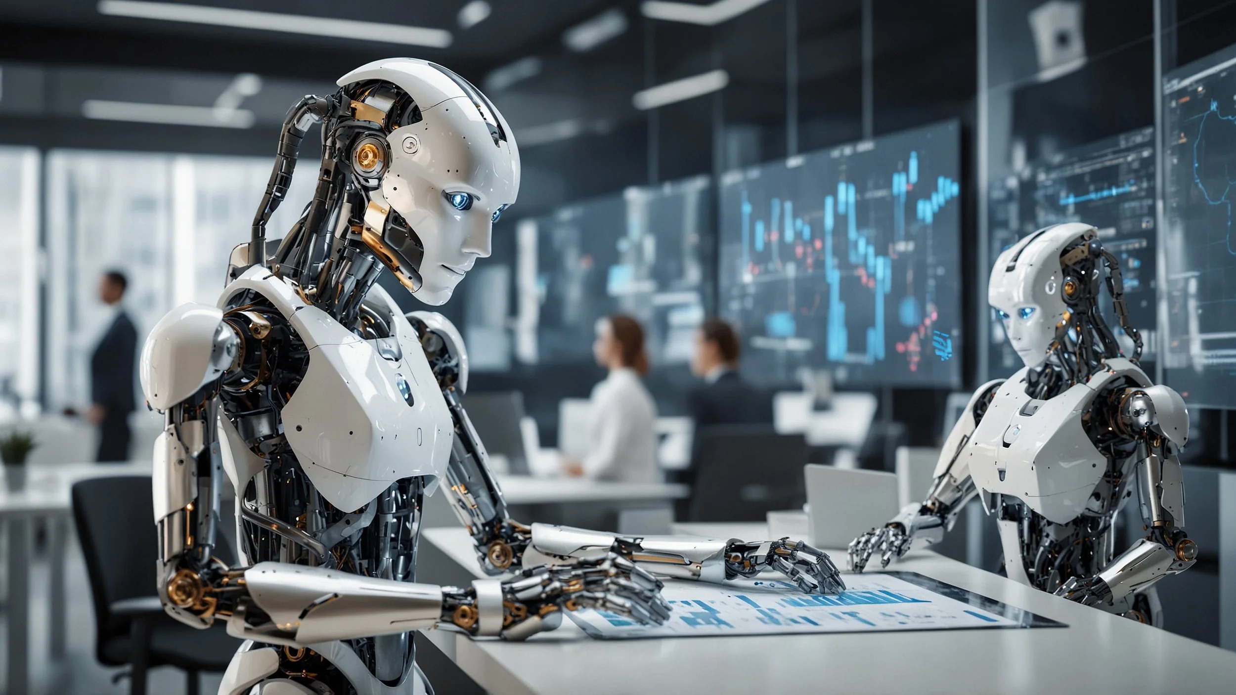 robotic process automation in a modern financial office with robots assisting employees processing data and interacting with customers digital screens showing improved efficiency and compliance charts futuristic and professional atmosphere.