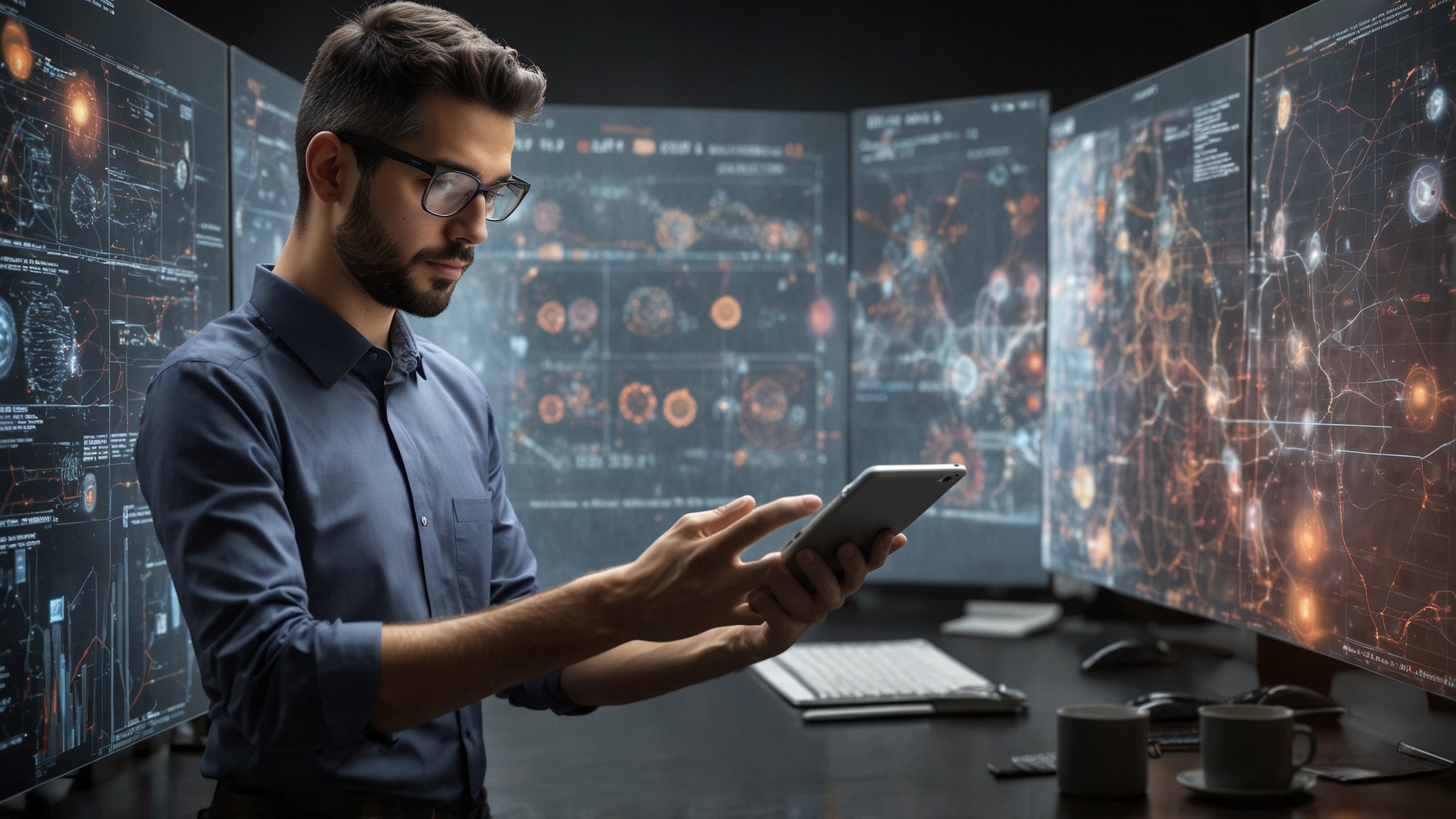 Un profesional de Recursos Humanos en una oficina moderna, utilizando una computadora con múltiples pantallas que muestran paneles de control con gráficos y análisis de datos.