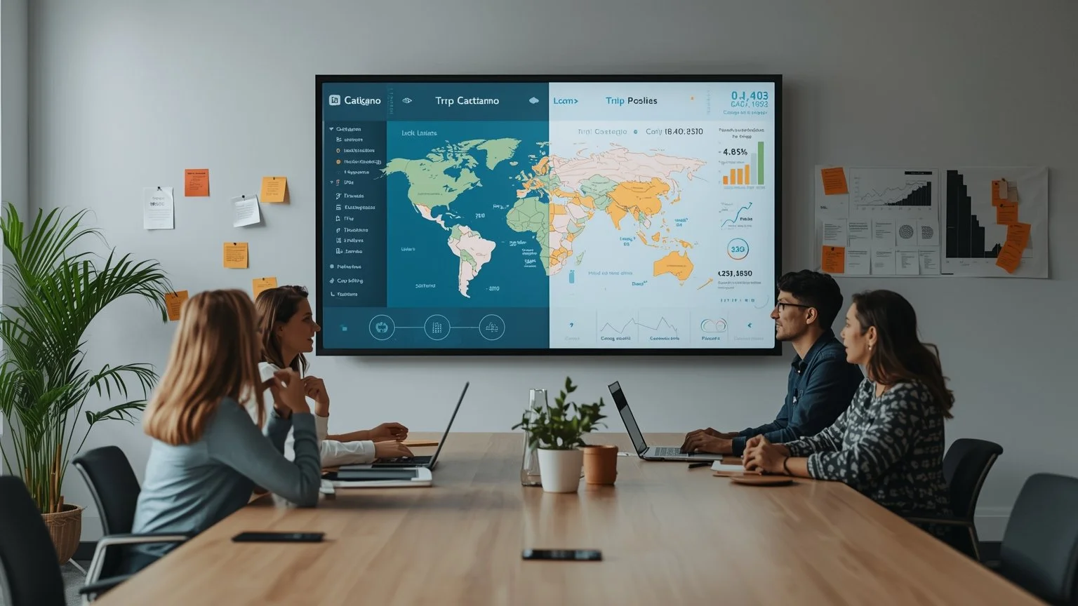 A diverse team in a strategy room next to a large touchscreen displaying a governance model, a catalog of reusable automations, data quality charts, and impact metrics, while sticky notes and design sketches