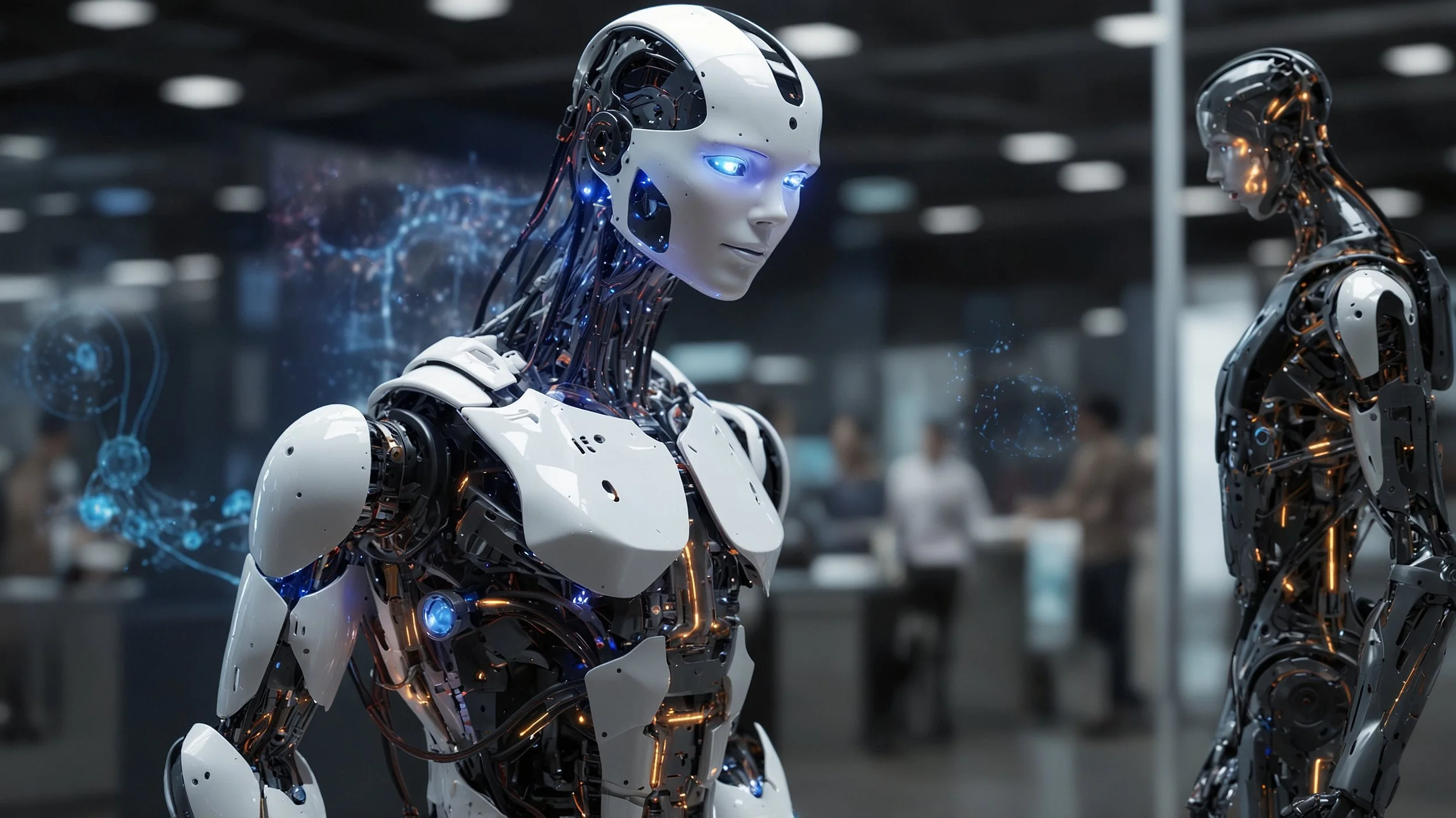 Una oficina moderna con pantallas holográficas mostrando gráficos de análisis predictivo un robot con cara amigable interactúa con una persona mientras ambos sonríen ambiente cálido con luces suaves que transmiten una conexión emocional profunda tecn