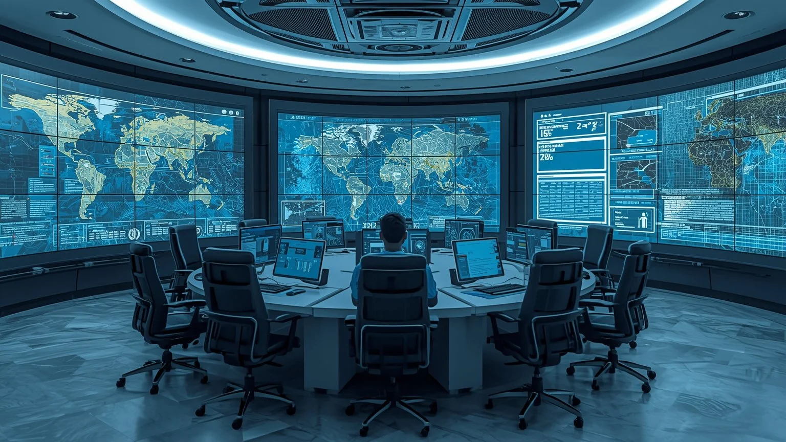 Sala de control futurista con grandes pantallas mostrando mapas de riesgo, registros de decisiones algorítmicas, flujos de evidencia en tiempo real y equipos de cumplimiento revisando auditorías conforme a ISO NIST y AI Act.