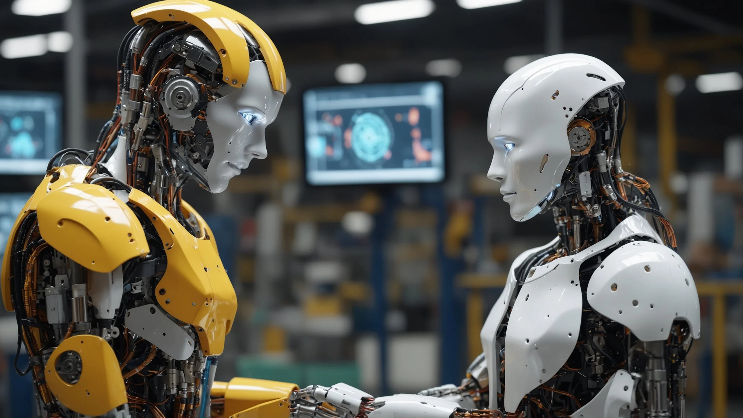 Una fábrica moderna y futurista con robots automatizados trabajando junto a sensores conectados a internet mientras una pantalla muestra gráficos de inteligencia artificial analizando datos para optimizar la producción.