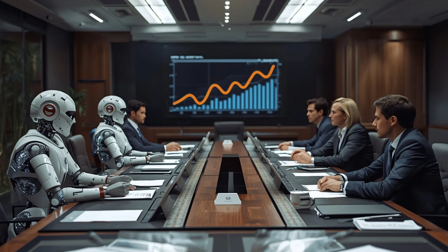 In a corporate control room, cracked glass robots and piles of unfinished bots are stacked among papers and screens displaying graphs promising upward curves while disconnected executives argue, highlighting the gap between promise and reality.