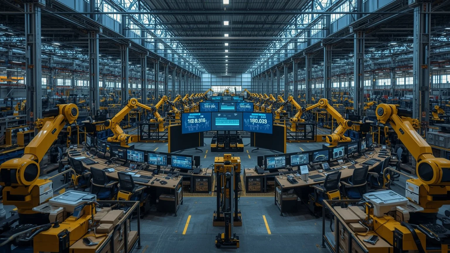 Planta industrial y centro logístico automatizados con robots ensamblando productos, cintas transportadoras organizando envíos y una sala de control financiero con pantallas que muestran ahorros del treinta al cincuenta por ciento y una reducción de
