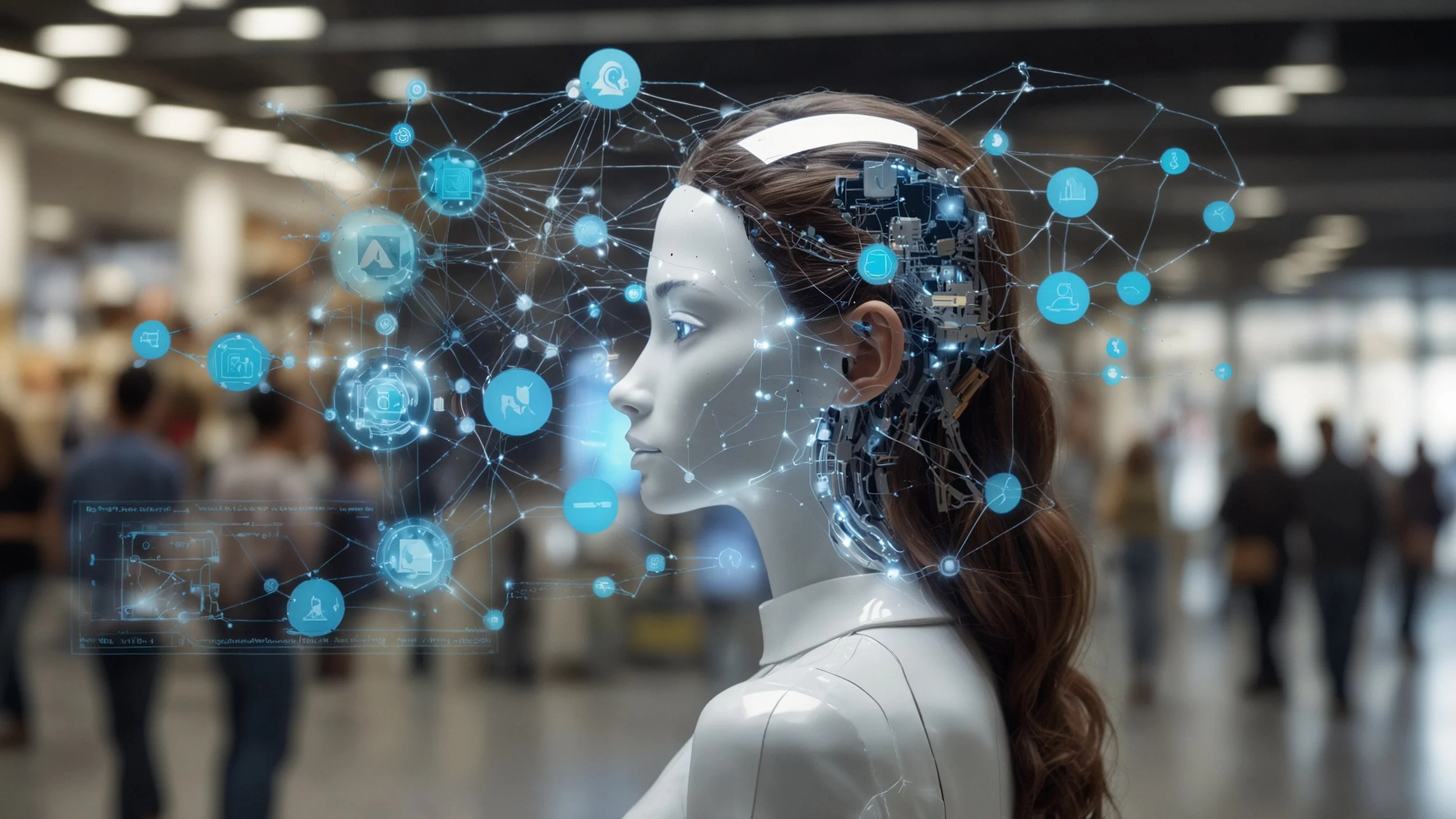 Un grupo de asistentes de inteligencia artificial representados como formas geométricas con caras digitales, revisando y evaluando diferentes productos en una plataforma de comercio electrónico.