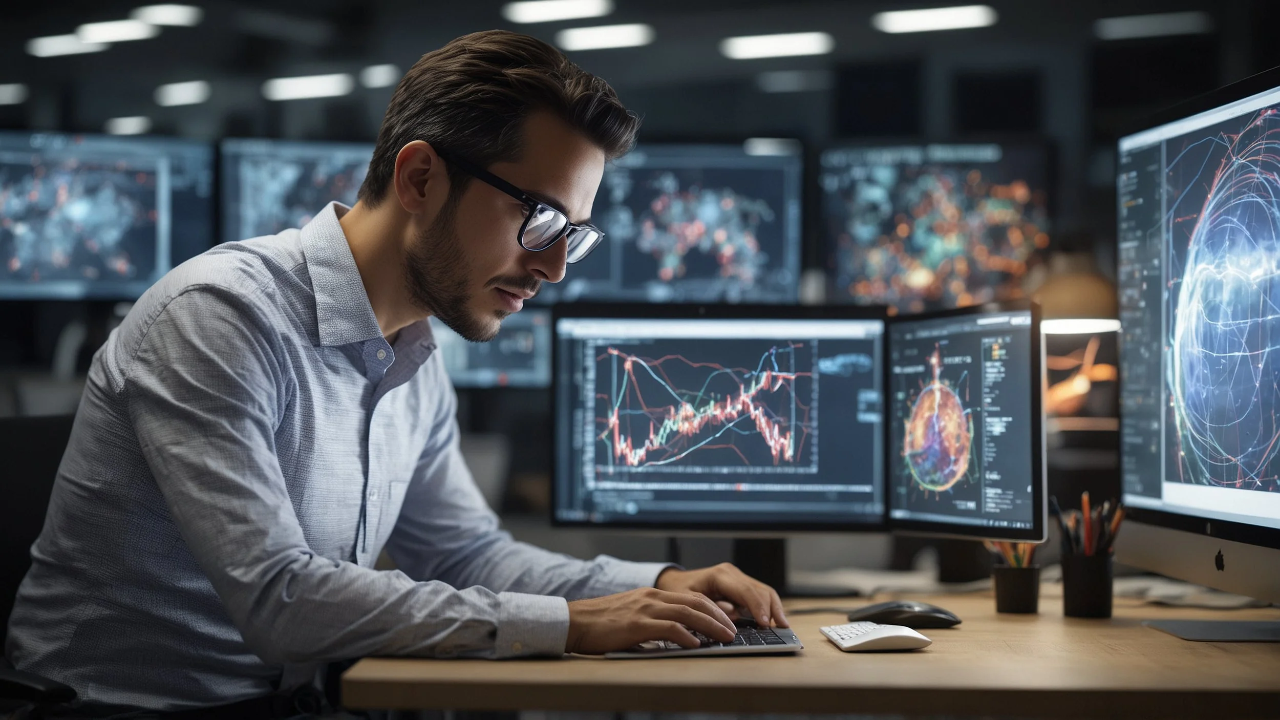 Un ingeniero de software trabajando en una oficina moderna, utilizando una computadora con pantallas que muestran líneas de código y gráficos de estadísticas de rendimiento.