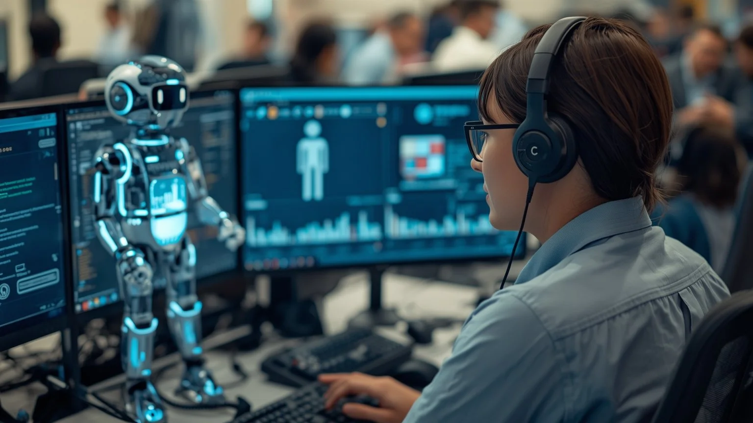 Un agente de call center con auriculares frente a múltiples pantallas donde un asistente robot transparente captura datos y automatiza la navegación en sistemas heredados mientras en otra pantalla aparece un informe resumen y el agente sonríe mostran