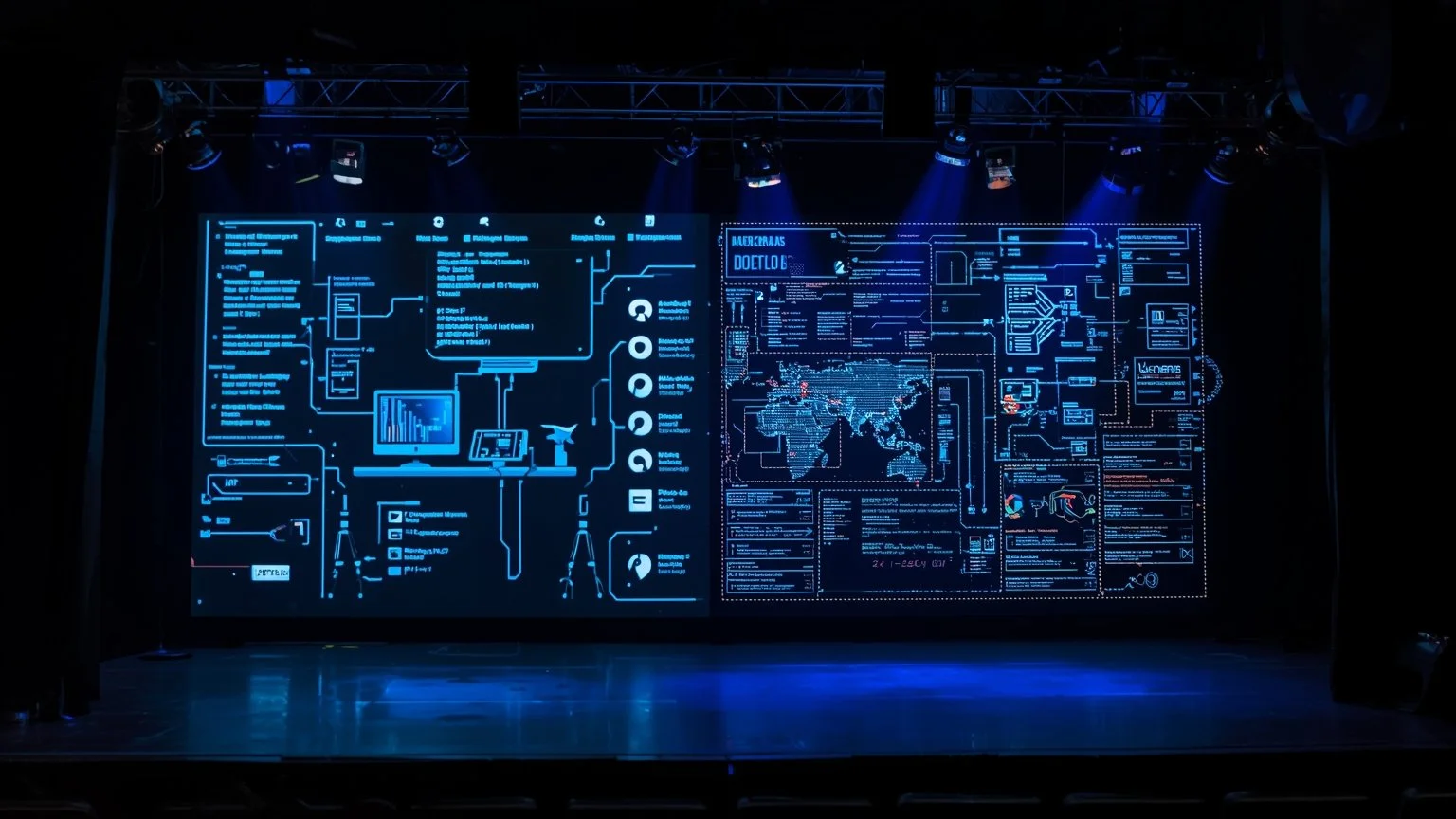 Una escena dividida en dos mitades, a la izquierda una oficina luminosa con manos mecánicas haciendo clic y copiando datos en formularios estructurados, a la derecha un espacio creativo donde una IA representada por redes neuronales y pantallas proce