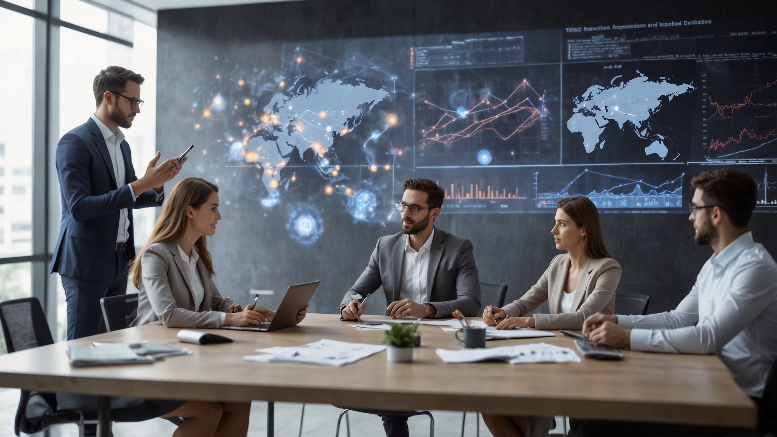 oficina moderna con ejecutivos reunidos en una mesa con expresiones preocupadas gráficos y datos sobre pantalla digital mostrando cifras y estadísticas de proyectos de inteligencia artificial en el fondo pantallas con alertas de cancelación y palabra