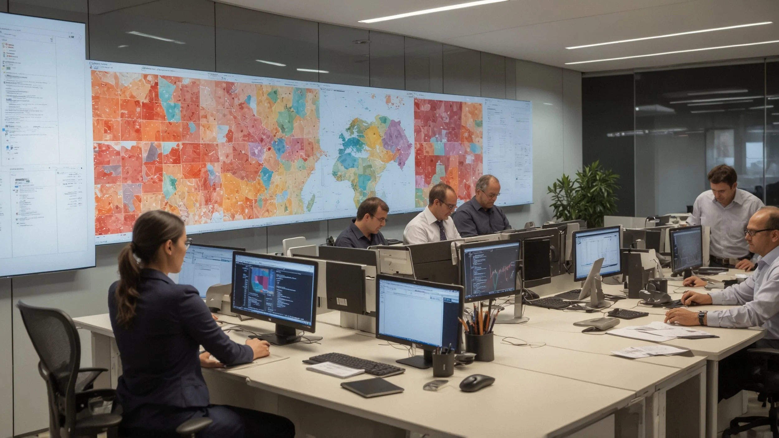 Un grupo de personas en una moderna oficina de Westpac, trabajando en computadoras con visualizaciones de minería de procesos en las pantallas.