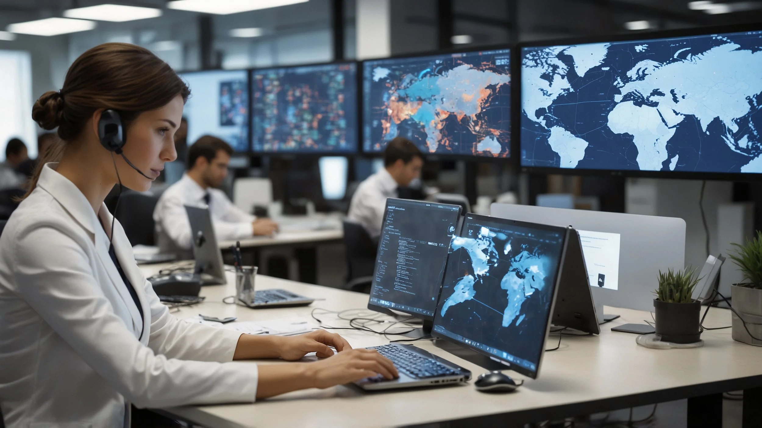 a team working in a modern office using computers with on-screen virtual agent interfaces while in the background a real-time translation function is shown connecting different languages, symbolizing the efficiency and