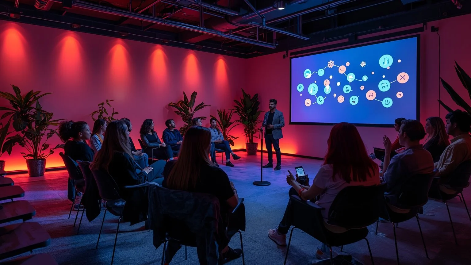 En una sala de mediación luminosa, un asistente IA holográfico modera con voz serena a un grupo diverso que se sienta en círculo, relajado y participativo, mientras en una pantalla se proyectan ideas colaborativas, notas de empatía y símbolos de conf