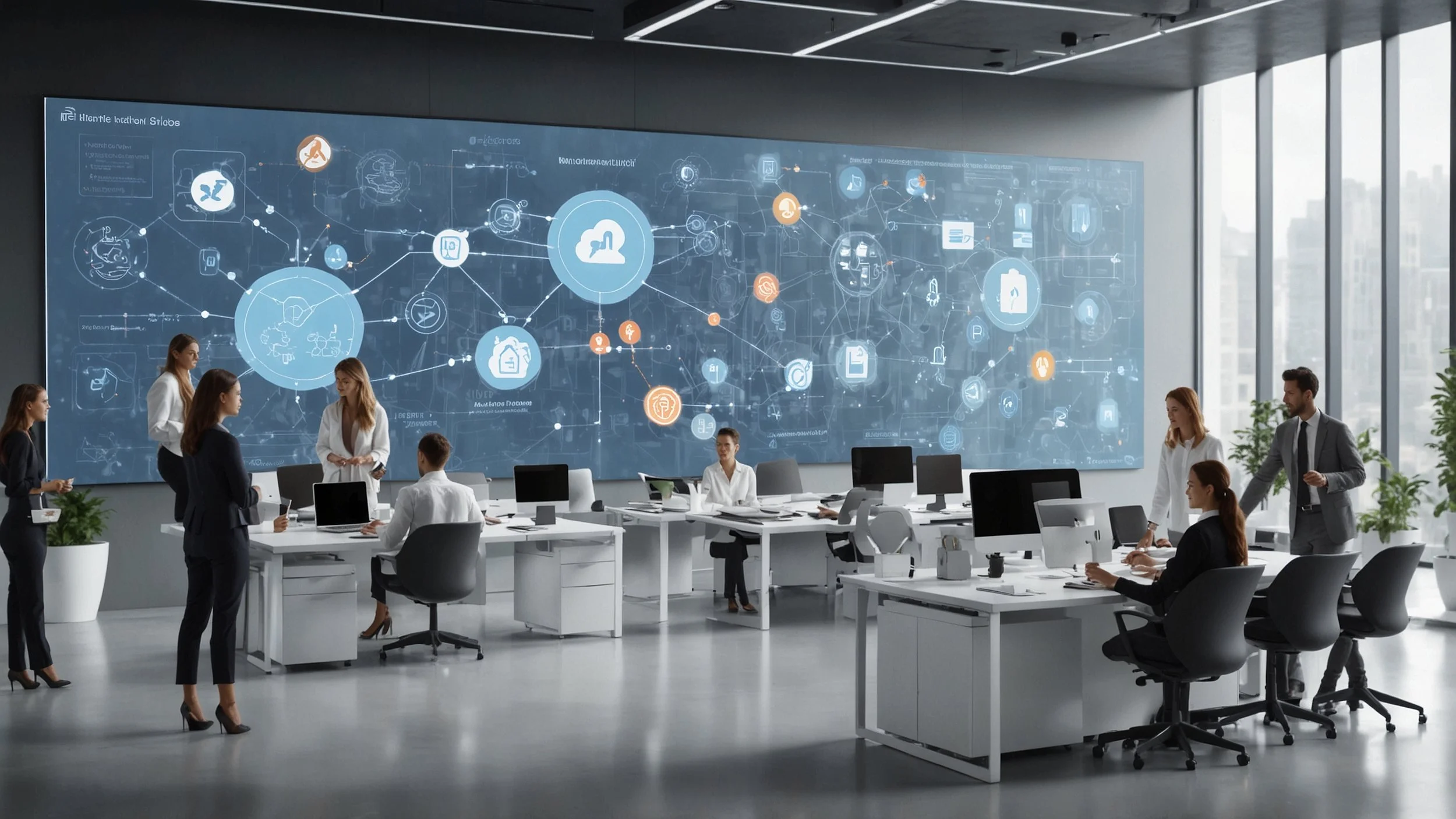 A modern office environment with diverse team members collaborating around a large digital touchscreen displaying a no-code automation platform interface featuring simple flowcharts and integration icons, with a backdrop of sleek, futuristic technolo