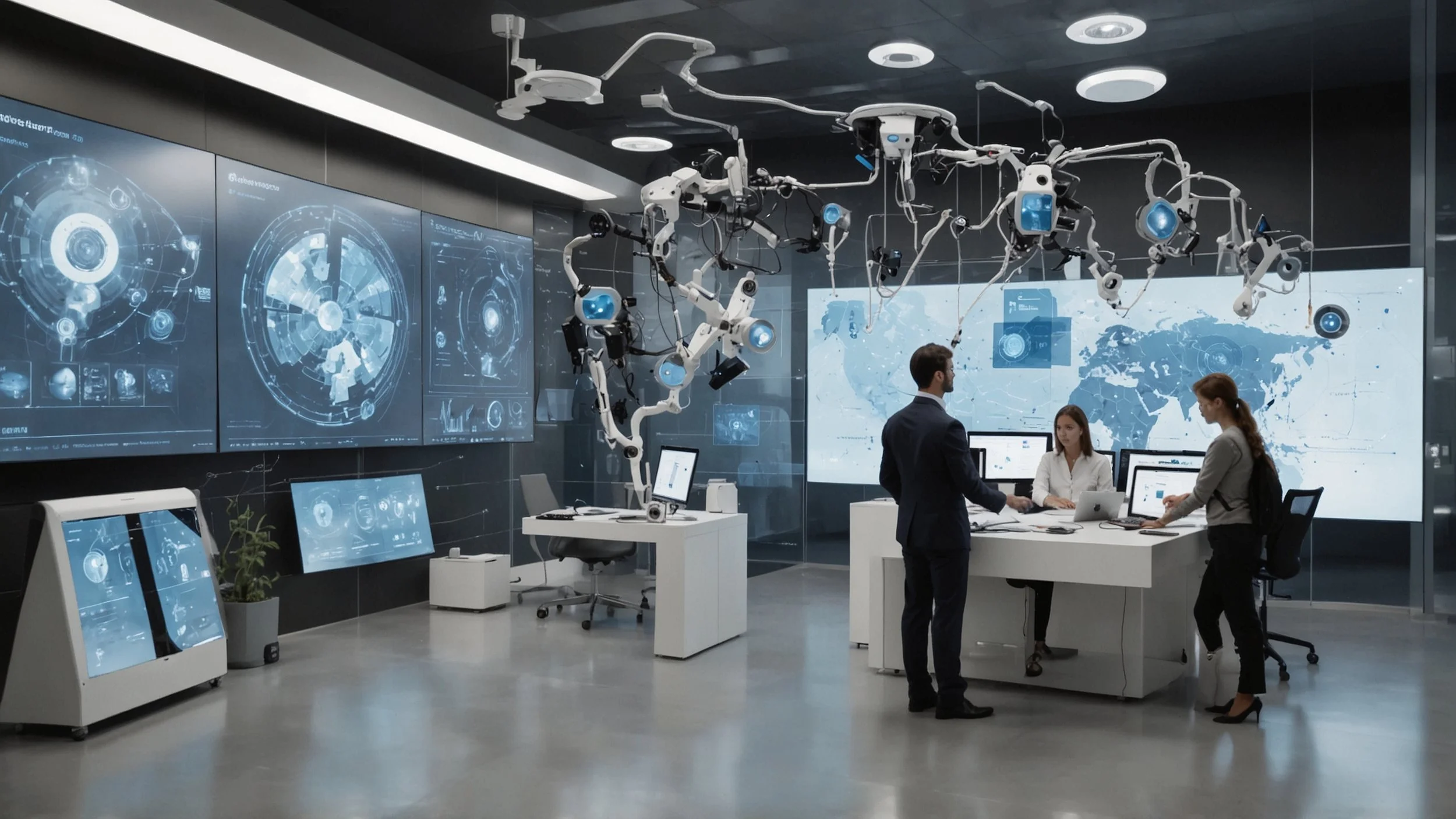 Modern warehouse interior with security cameras visible on the ceiling, screens displaying real-time video analytics, and robots or personnel responding quickly to alerts in the environment, highlighting the integration of vision and intelligence.